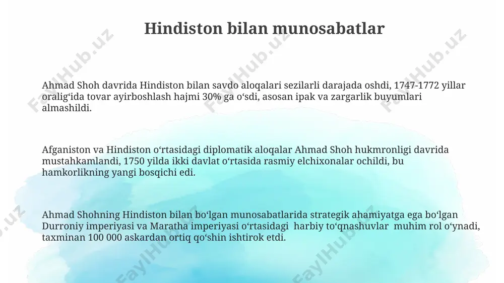 sezilarli darajada, taxminan 30% ga ko'paydi. madaniy jihatdan, fors tili rasmiy til sifatida mustahkamlandi, shu bilan birga, mahalliy tillarning rivojlanishiga ham 10% atrofida mablag’ ajratildi. afganistonning turli etnik guruhlari orasida diniy bag'rikenglikni ta'minlashga qaratilgan siyosat natijasida 20 dan ortiq turli mazhab vakillari o'zlarining an'analarini saqlab qolishdi. rossiya bilan munosabatlar ahmad shoh davrida rossiya bilan savdo hajmi 1880-yillarda 2 million rublgacha yetgan, bu ikki davlat o'rtasidagi iqtisodiy aloqalarning rivojlanishini ko'rsatadi. rossiya imperiyasi afg'onistondagi siyosiy ta'sirini oshirishga harakat qilgan, bu esa ahmad shohning buyuk britaniya bilan yaqinlashishiga va geosiyosiy muvozanatning o'zgarishiga olib kelgan. 1885 yilda imzolangan chegaralar to'g'risidagi shartnoma, rossiya va afg'oniston o'rtasidagi hududiy nizolarni hal qilishga qaratilgan bo'lsa-da, ba'zi hududiy masalalar bo'yicha kelishmovchiliklar davom etgan. usmonli imperiyasi bilan munosabatlar ahmad shohning usmonlilar bilan harbiy hamkorligi cheklangan boʻlsa-da, turk harbiy taktikasi va qurollanishi afgʻon armiyasiga maʼlum darajada taʼsir koʻrsatgan. ahmad shoh davrida usmonli imperiyasi bilan diplomatik aloqalar 18-asrning ikkinchi yarmida faollashdi, bu …