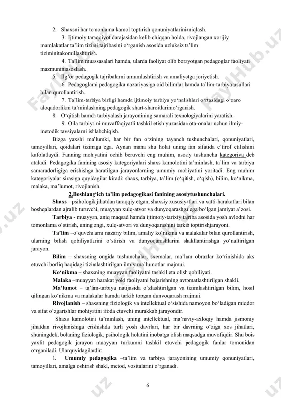 an tarixiy davrlarda etakchi o‘rin egallagan pedagogik fikrlar taraqqiyoti masalalarinio‘rganadi. 6. pedagogik texnologiya – ta’lim va tarbiya jarayonida zamonaviy pedagogik texnologiyalarni qo‘llash, texnologik yondashuv asosida ta’lim va tarbiya jarayonining samaradorligini oshirish muammolarini o‘rganadi. 7. pedagogik mahorat – bo‘lajak o‘qituvchilarning kasbiy mahoratlarini oshirish, takomillashtirish muammolarini o‘rganadi. 8. ijtimoiy pedagogika – ijtimoiy munosabatlar jarayonida pedagogik g‘oyalarning tutgan o‘rni va roli, shaxsni kasbiy va ijtimoiy faoliyatga yo‘naltirish muammolarinio‘rganadi. 3.pedagogik ilmiy-tadqiqot metodlari. pedagogika fani rivoji muayyan pedagogik muammolarni tadqiq etish maqsadida olib borilgan tadqiqot ishlarining g‘oyasi, mazmuni hamda natijalari hisobiga ta’minlanadi. ijtimoiy va ishlab ciqarish jarayonining keskin rivojlanishi shaxsni har tomonlama kamol toptirish imkonini beruvchi omil hamda pedagogik shart- sharoitlarni aniqlash, jamiyat va shaxs ma’naviyatiga ziyon etkazuvchi holatlarni bartaraf etishni taqozo qiladi. tarbiya jarayonlarining mohiyatini anglash ularni keng yoki tor doirada o‘rganish, mavjud ko‘rsatkichlar vositasida ularning sodir bo‘lish sabablarini o‘rganish, zarur chora- tadbirlarni belgilash ilmiy izlanishlarni tashkil etish zaruriyatini yuzaga keltiradi. pedagogik izlanishlarning samarali …