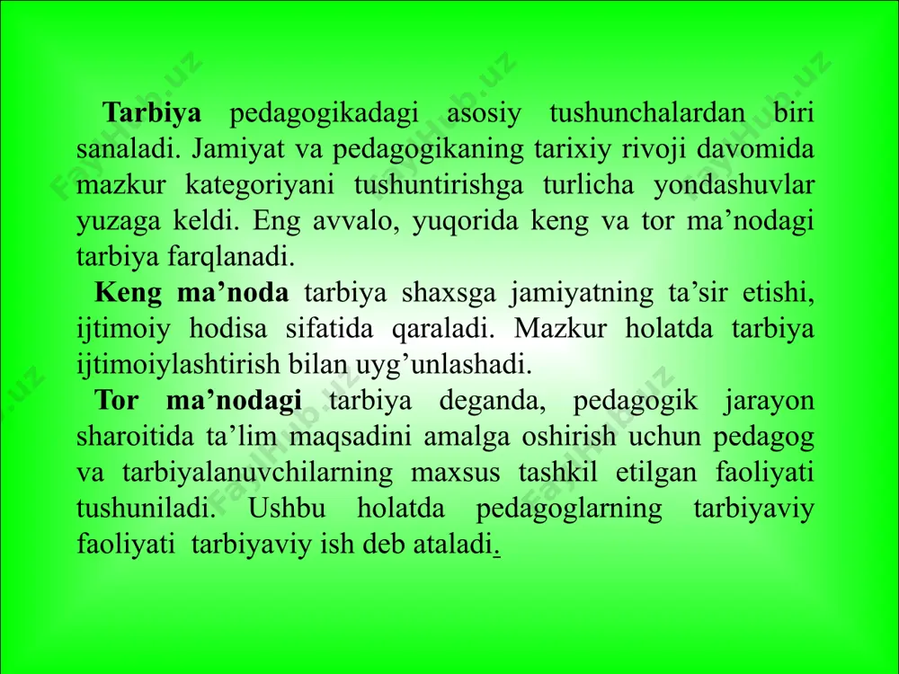 inobatga olgan holda tarbiyani tashkil etish oldinga qo’yilgan maqsadga erishish, shuningdek, bu boradagi vazifalarni ijobiy hal etish imkonini beradi. nazorat uchun savol va topshiriqlar tarbiya mazmuni deganda nima tushiniladi? tarbiyaning maqsadi nima? tarbiya jarayoni qanday o’ziga xos xususiyatlarga ega? tarbiya qonuniyatlarini shrhlab bering. tarbiya tamoyillarini izohlang. keng va tor ma’nodagi tarbiya tushunchalariga izoh bering. ta`lim tarbiya jarayonida muamala madaniyati 1. tushuntirish (o‘rgatish, odatlantirish, mashq qildirish). 2. namuna (maslahat berish, uzr so‘rash, yaxshiliklar haqida so‘zlash, o‘rnak bo‘lish). 3. nasihat berish, o‘git (undash, ko‘ndirish, iltimos qilish, yolvorish, tilak-istak bildirish, ma’qullash, rahmat aytish, duo qilish, oq yo‘l tilash va hokazolar). 4. rag’batlantirish usuli 5. qoralash va jazo (ta’qiqlash, ta’na, gina, tanbeh berish, majbur qilish, koyish, ayblash, uyaltirish, qo‘rqitish, nafratlanish, ont-qasam ichirish, urish, kaltaklash va hokazolar) таълим коидалари таълимнинг илмий бўлиш қоидаси таълимда кўрсатмалилик қоидаси таълимнинг тизимли ва изчил бўлиши қоидаси таълимда ҳар қайси ўқувчига хос хусусиятларни ҳисобга олиш таълим ва тарбиянинг бирлиги қоидаси …