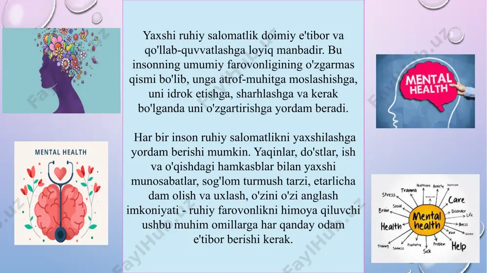nktsiyasi, hissiy tartibga solish yoki xatti-harakatlarining klinik jihatdan sezilarli darajada buzilishi bilan tavsiflanadi. bu odatda qayg'u yoki jiddiy funktsional buzilish bilan birga keladi. ko'p turli xil ruhiy kasalliklar ma'lum.ruhiy buzilishlar ruhiy kasalliklar deb ham ataladi. ruhiy salomatlik buzilishi - bu ruhiy kasalliklar, turli xil psixo-ijtimoiy nogironlik turlari va jiddiy stress, funktsional buzilish yoki o'z-o'ziga zarar etkazish xavfi bilan bog'liq boshqa ruhiy salomatlik holatlarini o'z ichiga olgan umumiy atama. ruhiy kasalliklar xalqaro kasalliklar tasnifi, 11-reviziyada (icd-11) berilgan ta'riflarga muvofiq davolanadi. ruhiy buzilishlar 2019 yilda sayyoramizdagi har sakkizinchi odam, ya'ni jami 970 million kishi ruhiy kasallikdan aziyat chekdi, bunda tashvish va depressiv kasalliklar eng keng tarqalgan. 2020 yilda, covid-19 pandemiyasi davrida tashvish va depressiv kasalliklardan aziyat chekadigan odamlar soni sezilarli darajada oshdi. dastlabki hisob-kitoblarga ko'ra, bir yil ichida tashvish va asosiy depressiv kasalliklarning tarqalishi mos ravishda 26% va 28% ga oshgan. samarali profilaktika va davolash usullari mavjudligiga qaramasdan, ruhiy kasalliklarga chalingan odamlarning …