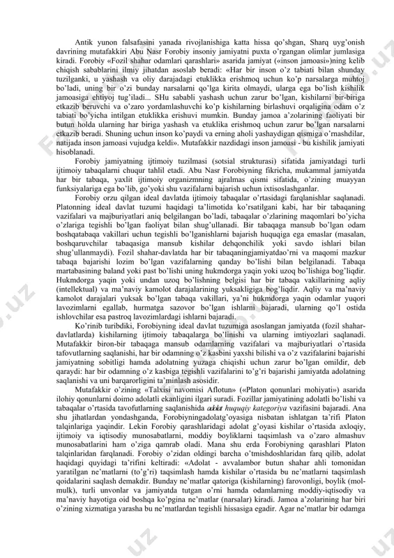 insofni oyoq osti qiladigankishilarni davlat ishlariga aralashtirmaslikni, davlatni boshqarishda kengash bilan olib borish, faoliyatlarni muntazam nazoratqilish, itoat, ijro va sifatlari to’g’risidagi qarashlari bilan ahamiyatlidir. ayniqsa, nizomulmulkning«ko’pchilik bo’lib qabul qilingan tadbir eng savobli bo’ladi va shunday yo’l tutish kerak»1 degan fikrlari ajdodlarimizning davlat qurilishining adolatli tartibotlarigakatta e’tibor berganligidan dalolatdir. ijtimoiy-siyosiy taraqqiyotning ma’naviy asoslarini o’rganishda o’rta osiyoda vujudga kelgan tasavvufchilik oqimining ahamiyati ham alohida muhim o’rin tutadi. tasavvuf garchi islom bag’rida nish urib, qur’on va hadislar hikmatidan oziqlangan, ko’p hollarda shariat ahkomiga suyangan bo’lsada, lekin u rasmiy diniy aqidaparastlik va mutaassiblikka hamda hokim tabaqalarning ayshu-ishratlarga g’arb turmush tarzi, talonchilik va manfaatparastlikka zid o’laroq, mehnatkash xalq noroziligini ifodalab keldi. tasavvuf ta’limoti asosida adolat, haqiqat, to’g’rilik, mehr-shafqat, insof, iymon, e’tiqod, ilm, mehnatsevarlik, vatanparvarlik kabi umuminsoniy g’oyalarni targ’ibot qiluvchi futuvvatga asoslangan bir qancha diniy, siyosiy oqimlar paydo bo’ladi. ular jamiyatning axloqsiz unsurlariga g’oyaviy kuch sifatida qarshi qo’yiladi ijtimoiy-siyosiy tafakkur rivoji va huquqiy davlat va fuqarolik …