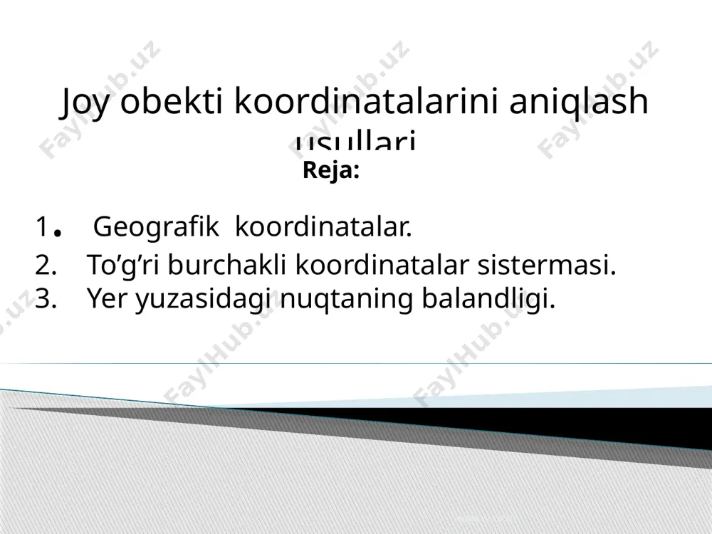ngda joylashgan bo’lsa musbat ishorali bo’ladi. www.arxiv.uz topografik kartalarda kilomertrli turlarning qiymatlari kartaning ichki ramkasi bilan minutli ramkasiga yozib kuyiladi, masalan www.arxiv.uz 1: 50.000 masshtabli kartadagi a-nuqtasining to’g’ri burchakli koordinataisni aniqlash kerak bo’lsa x ni (abstsissa) topish uchun 6018 raqamli ordinata chizig’idan a nuqtasigacha o’lchab (1,2 sm ) uni karta masshtabiga ko’paytiramiz: 1,2 sm x 500m =600 m. uning abstsissa qiymati x.6018 km x600m= 6018600 mertr kartadagi a nuqtasi ekvator dan 6018 km 600 m shimolda joylashgan bo’ladi. www.arxiv.uz yer yuzasidagi nuqtaning balandligi. geografik, to’g’ri burchakli koordinatlar bilan nuqtaning planli o’rni aniqlaniladi. nuqtaning planli o’rni derganda, bu nuqtaning shartli qabul qilingan ellipsoid yoki shar yuzasidagi o’rni tushuniladi. xaqiqatdan esa nuqta yer ellipsoidi yuzasida emas, balki yerning tabiiy (fizik) yuzasida joylashgan nuqtaning o’rnini aniqlash uchun uning boshlang’ich sathiy (geoid) yuzasidan balandligini xam e'tiborga olish zarur. nuqtaning boshlang’ich sathiy yuzasidan balandligi, uning balandlik koordinatasi xisoblanadi. www.arxiv.uz в.nuqtaning а nuqtaga nisbatan balandligi musbat …