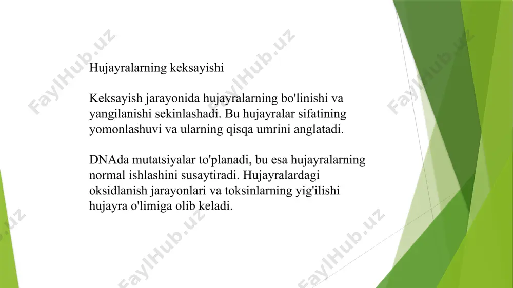 g susayishiga olib keladi. jismoniy faollikning ahamiyati jismoniy faollik keksayishda organizmni sog'lom saqlash uchun juda muhimdir. mushaklar va suyaklar kuchini saqlash uchun muntazam jismoniy mashqlar qilish tavsiya etiladi. oziqlanish va keksayish to'g'ri va balanslangan ovqatlanish keksayishning salbiy ta'sirlarini kamaytirishi mumkin. antioksidantlarga boy oziq-ovqatlar, masalan, mevalar, sabzavotlar, baliq va yong'oqlar, keksayishni sekinlashtirishi mumkin. keksayish va genetik omillar genetika keksayish jarayonini sezilarli darajada ta'sir qiladi. ba'zi odamlar genetik jihatdan uzoq umr ko'rishga moyil. genlar va muhitning kombinatsiyasi keksayish tezligini belgilaydi. xulosa va tavsiyalar keksayish jarayoni tabiiydir, lekin uning ta'sirlarini kamaytirish mumkin. to'g'ri turmush tarzini olib borish, muntazam jismoniy faollik, sog'lom ovqatlanish va ruhiy salomatlikni saqlash keksayishning salbiy ta'sirlarini kamaytirishga yordam beradi. e`tiboringiz uchun rahmat