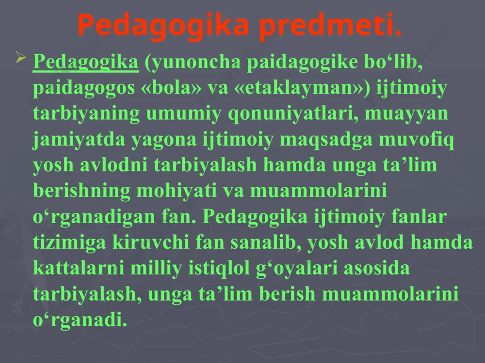 s etuvchi borliq haqidagi tizimlashtirilgan ilmiy ma’lumotlar majmui. ko‘nikma shaxsning muayyan faoliyatni tashkil eta olish qobiliyati. malaka –muayyan harakat yoki faoliyatni bajarishning avtomatlashtirilgan shakli. ma’lumot – ta’lim-tarbiya natijasida o‘zlashtirilgan va tizimlashtirilgan bilim, hosil qilingan ko‘nikma va malakalar hamda tarkib topgan dunyoqarash majmui. rivojlanish shaxsning fiziologik va intellektual o‘sishida namoyon bo‘ladigan miqdor va sifat o‘zgarishlar mohiyatini ifoda etuvchi murakkab jarayon. pedagogika fanlari tizimi. 1. umumiy pedagogika – maktab yoshidagi bolalarni tarbiyalash va ularga ta’lim berish masalalarini o‘rganadi. 2. maktabgacha ta’lim pedagogikasi – maktabgacha ta’lim yoshidagi bolalarni tarbiyalash, ularni intellektual, ma’naviy-axloqiy va jismoniy jihatdan kamolotga etkazish masalalarini o‘rganadi. 3. boshlang‘ich ta’lim pedagogikasi – boshlang‘ich sinflar o‘quvchilarini tarbiyalash, ularga ta’lim berish, ularning o‘ziga hos psixologik hamda fiziologik xususiyatlarini tadqiq etish, shuningdek, ularni intellektual, ma’naviy-axloqiy va jismoniy jihatdan kamolotga etkazish masalalarini o‘rganadi. 4. korrektsion (maxsus) pedagogika – rivojlanishida turli psixologik va fiziologik nuqsonlari bo‘lgan bolalarni tarbiyalash va o‘qitish bilan bog‘liq muammolarni o‘rganadi. pedagogikaning boshqa …