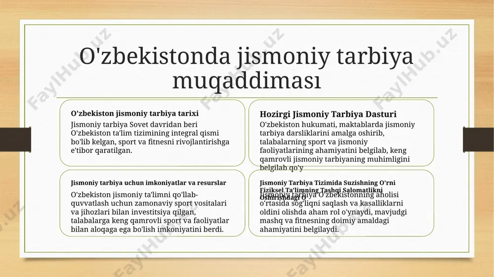 ani rag'batlantirish uchun "sog'lom nasl" dasturini va zamonaviy sport maydonlarini qurishni o'z ichiga olgan turli iniciativani amalga oshirdi. jismoniy tarbiya o'zbekistonda maktab dasturining majburiy qismi bo'lib, talabalar odatiy sport mashg'ulotlari va fitnes dasturlarida ishtirok etishadi. o'zbekiston sport rivojlanishida katta o'sishni ko'rdi, xalqaro musobaqalarda qatnashishning o'sishi va yosh bakalavrni tarbiyalash uchun sport akademiyalarini tashkil etish. davlat siyosatlari va jismoniy milliy jismoniy tarbiya dasturi jamoat sport maydonlari va dasturlari ish joyida jismoniy tarbiya siyosati hukumat, barcha o'quvchilarning muvofiqligi bilan to'g'ri jismoniy tarbiya va mashg'ulot olishlari uchun maktablarda milliy jismoniy tarbiya dasturini amalga oshirdi. davlat jismoniy faoliyatni va sog'lom hayot uslublarini rag'batlantirish uchun jamoat sport maydonlarini qurish va sport dasturlarini tashkil etishga investitsiya qilgan. hukumat korxonalar tomonidan jismoniy faoliyatni rag'batlantirish va xodimlarga ish vaqtlarida jismoniy ta'limga qatnashish imkoniyatlarini taqdim etish uchun siyosatlarni amalga oshirdi. fiziksel rivojlanish tizimida jismoniy tarbiyaning ahamiyati sog'liqni saqlashni rag'batlantirish jismoniy tarbiya o'quvchilarda sog'lom hayotni ta'lim etib, odatiy mashq, sog'lom …