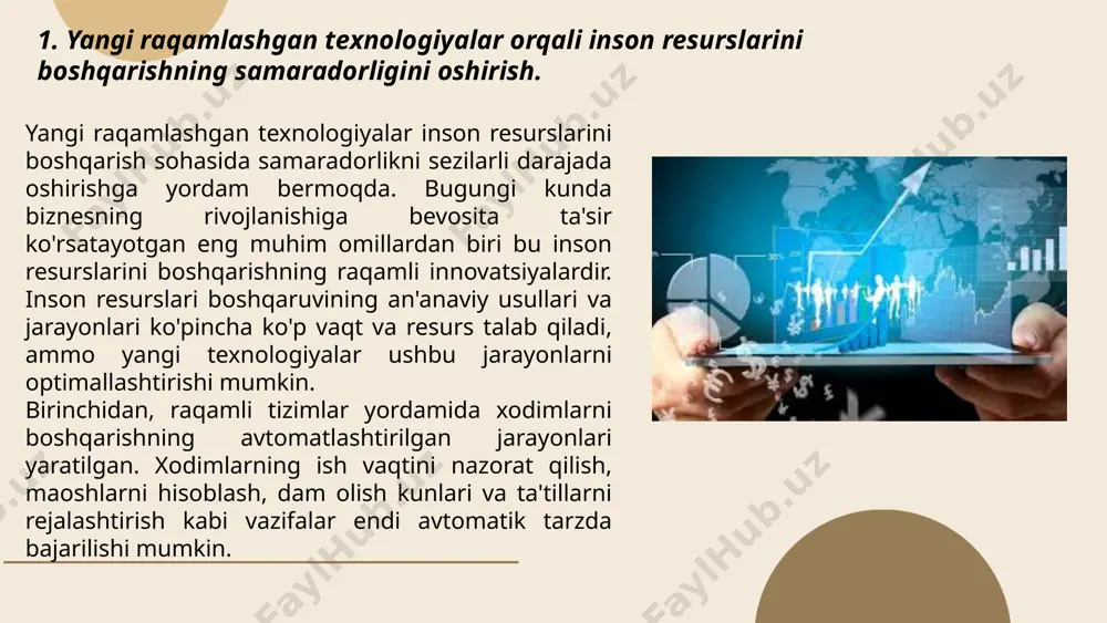 rli darajada yengillashtiradi. shuningdek, raqamli platformalar orqali ish jarayonlarini tahlil qilish va monitoring qilish ham ancha osonlashadi. tashkilotlar o'z xodimlarining ish faoliyatini kuzatish, ularning samaradorligini baholash va kerakli o'zgarishlarni amalga oshirish imkoniyatiga ega bo'lishadi. raqamli tizimlar yordamida xodimlar haqida ma'lumotlarni tahlil qilishda sun'iy intellekt (ai) va mashina o'rganish texnologiyalaridan foydalanish mumkin. bu tizimlar xodimlarning ishlash samaradorligini prognoz qilish va ularga mos rivojlanish imkoniyatlarini taklif qilishda yordam beradi. ... t.me/slaydai_bot raqamli platformalar rekruting jarayonlarini ham samarali qiladi. onlayn ariza topshirish va avtomatik tanlov tizimlari yordamida eng yaxshi nomzodlar aniqlanadi. ushbu platformalar ko'plab nomzodlarni avtomatik tarzda baholaydi, natijada vaqt va mehnat sarfini kamaytiradi. masalan, sun'iy intellekt yordamida yirik ma'lumotlar tahlil qilinib, eng mos nomzodlar tanlanadi, bu esa rekruting jarayonini sezilarli darajada tezlashtiradi. shuningdek, raqamli platformalar xodimlar bilan aloqa o'rnatish va ularni rivojlantirishda ham samarali bo'ladi. xodimlar uchun ta'lim va o'quv materiallari taqdim etish, shuningdek, ularning rivojlanishini kuzatib borish uchun onlayn platformalar orqali …