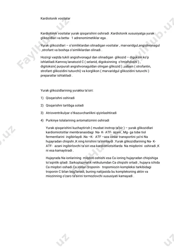 hbuvositalaryurakqisqarishini kuchsizlantiradi.ammo,o’rtachasurunkaliyurakyetishmovchiligidabetta –adrenoblokatorlarsistematikqo’llanilishibemorahvoliniyaxshilab,o’lim xavfini kamaytiradi.ko’rinibturibdiki,bundayurakkasimpatiknervsistemasininghaddan ortiqta’sirikamayadi,bundantashqari,ularantianginalvaantiaritmikta’sir ko’rsatadi. surunkaliyurakyetishmovchiliginidavolashda–karvedilol(dilatrend)ningham foydasitegadi,uningbetta-adrenoblokatortarkibitomirkengaytiruvchi(alfa-1 adrenoretseptorlarniblokadaqilib)vaantioksidantta’sirlargaega.preparat sutkada1martaichishgabuyuriladi. kardiotonikvositalar kardiotonikvositalaryurakqisqarishinioshiradi.kardiotonikxususiyatgayurak glikozidlarivabetta-1adrenomimetiklarega. yurakglikozidlari–o’simliklardanolinadiganvositalar,marvaridgul,angishvonagul ,strofantvaboshqao’simliklardanolinadi. hozirgivaqtdatukiliangishvonaguldanolinadiganglikozid–digoksinko’p ishlatiladi.kamroqlanatozidc(selanid,digoksinningo’tmishdoshi), digitoksin(purpuraliangishvonaguldanolinganglikozid),uabain(strofantin, strofantglikozidinitutuvchi)vakorglikon(marvaridgulglikozidinitutuvchi) preparatlarishlatiladi. yurakglikozidlariningyurakkata’siri: 1)qisqarishnioshiradi 2)qisqarishnitartibgasoladi 3)atrioventrikulyaro’tkazuvchanlikniqiyinlashtiradi 4)purkinyetolalariningavtomatizminioshiradi yurakqisqarishinikuchaytirish(musbatinotropta’sir)–yurakglikozidlari kardiomiotsitlarmembranasidagina-k-atf-azani,mg-gatobetiol fermentlariniingibirlaydi.na–k-atf–azaionlartransportiniya’nina hujayradanchiqishi,kningkirishinita’minlaydi.yurakglikozidlariningna-k- atf-azaniingibirlovchita’siriesakardiomiotsitlardanamiqdorinioshiradi,k niesakamaytiradi. hujayradanaionlariningmiqdorioshishiesacaioninghujayradanchiqishiga to’sqinlikqiladi.sarkoplazmatikretikulumdancachiqishiortadi,hujayraichida camiqdorioshadi.caionlaritroponin-tropomiozinkompleksitarkibidagi troponincbilanbog’lanadi,buningnatijasidabukompleksningaktinva miozinningo’zarota’sirinitormozlovchixususiyatikamayadi.