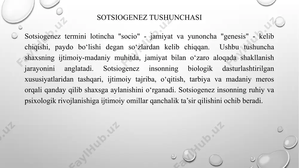 sasalari yosh avlodga bilim berish, ularni tarbiyalash va jamiyatga tayyorlash vazifalarini bajaradi. ta'lim muassasalarida o‘quvchilar va talabalar ijtimoiy munosabatlarga kirishadilar, o‘zaro hamkorlik qilishni o‘rganadilar va ijtimoiy tajriba orttiradilar. ta'lim muassasalari shaxsning sotsiogenez jarayonini yo‘naltiradi va unga ijobiy ta’sir ko‘rsatadi. sotsiogenez va madaniyat aloqadorligi sotsiogenez va madaniyat o‘zaro chambarchas bog‘liq tushunchalardir. madaniyat sotsiogenez jarayonining asosiy omillaridan biri hisoblanadi. madaniyat orqali insoniyat tajribasi avloddan avlodga o‘tadi, ijtimoiy normalar va qadriyatlar shakllanadi. sotsiogenez esa, o‘z navbatida, madaniyatni yaratish, saqlash va rivojlantirish jarayonida muhim rol o‘ynaydi. har bir yangi avlod madaniyatni o‘zlashtiradi, uni o‘zgartiradi va kelajak avlodlarga uzatadi. sotsiogenez va madaniyat birgalikda insoniyatning ijtimoiy-madaniy rivojlanishini ta’minlaydi. sotsiogenezning davomiyligi sotsiogenez – bu butun hayot davom etadigan jarayon. shaxs nafaqat bolalik va o‘smirlik davrida, balki butun hayoti davomida ijtimoiy muhit ta’sirida o‘zgarib boradi va rivojlanadi. yangi ijtimoiy rollarni o‘zlashtirish, yangi bilim va ko‘nikmalarga ega bo‘lish, hayotiy tajriba orttirish – bularning hammasi sotsiogenezning namoyon bo‘lishidir. sotsiogenez shaxsning …