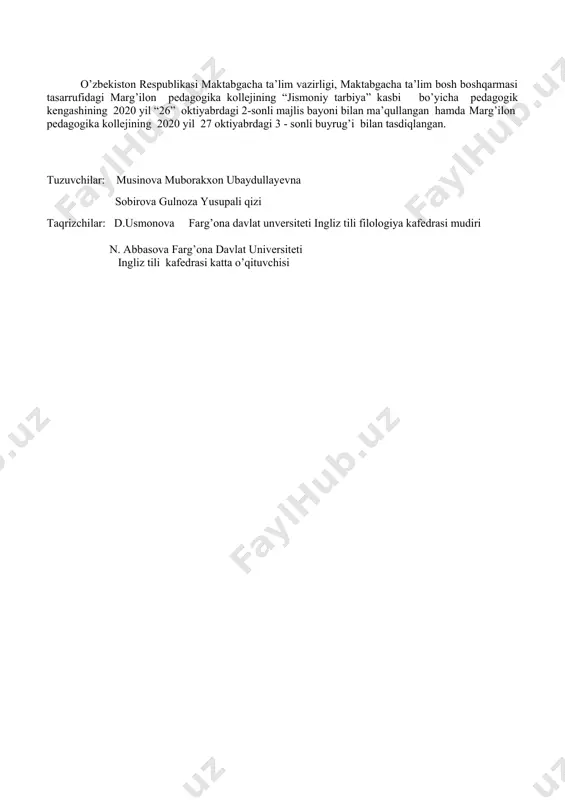 shqari mavzularda so’zlasha olish -turli hil sport musobaqalari va festivallarda so’z boyligining ko’p qismini ishlata olishi; tanish mavzularda tayyorgarliksiz so’zlashishi, fikr bildira olish -o’yinlar tashkil qila olish -o’zi qiziqqan mavzudagi matnlarni bemalol tushuna olishi, o’z kasbi, yoshi,qiziqishini qamrab olgan matnlar bilan ishlay olish -25-250 so’zdan iborat kasbiga oid matnlar tuza olish oquv rejaga muvofiq o’zaro bog’liq bo’lgan fan nomi rus tili, o’zbek tili o’qitish tashkiliy shakli n-nazariy ta’lim a-amaliy ta’lim na- nazariy va amaliy ta’lim birgalikda tashkil etiladi mx- maxsus honada o’tkaziladigan mashg’ulot. dasturga qo’yilgan talab majburiy o’qitish tili guruhda belgilangan o’qitish tili asosida baholash tartibi joriy baholash tartibiga asoslanib o’quvchilarning bilim va ko’nikmalarini baholash yozma, og’zaki, savol-javob,test, amaliy, nazariy, mustaqil topshiriq 2. o’quv dasturi mazmuni № mavzular nomi mavzuning qisqacha mazmuni jami o’qitishning tashkiliy shakli mustaqil ta’lim 1 mtt fanida ingliz tili fanini o’qitishning maqsad va vazifalari yangi fan bo’yicha o’quvchilarga ma’lumot berish, maqsad vazifalarini tushuntirish 2 n 2 …