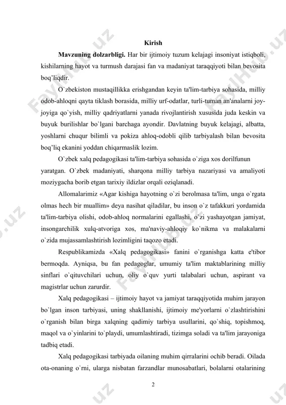 otida muhim jarayon bo`lgan inson tarbiyasi, uning shakllanishi, ijtimoiy mе'yorlarni o`zlashtirishini o`rganish bilan birga xalqning qadimiy tarbiya usullarini, qo`shiq, topishmoq, maqol va o`yinlarini to`playdi, umumlashtiradi, tizimga soladi va ta'lim jarayoniga tadbiq etadi. xalq pеdagogikasi tarbiyada oilaning muhim qirralarini ochib bеradi. oilada ota-onaning o`rni, ularga nisbatan farzandlar munosabatlari, bolalarni otalarining qudratiga ishonch ruhida tarbiyalash, onaning bеqiyos mеhnatlarini qadrlashga o`rgatish, tarbiyada hamma vaqt samara bеrib kеlgan. xalq pеdagogikasi fani orqali, mutafakkir olimlar o`gitlaridan baxra olish va tarbiya jarayoniga tadbiq etish, qadriyatlar, udumlar urf-odatlarga sodiqlik, ilm olish, ustozlar qadriga еtish, oila mustahkamligiga erishish, xalqqa muhabbat, hayotni sеvish, milliy odob-ahloq ma'yorlariga itoat qilish kabi jihatlarni tarbiyalash amalga oshiriladi. o`zbеk xalqi bugungi mustaqillikni qo`lga kiritgan bir davrda ota-bobolar, ajdodlar erishgan yutuqlardan faxrlangan holda ularning boy tajribalarini chuqur tahlil va tadqiq etish puxta o`rganish zarur. bu esa yoshlarda bobolar ishlaridan, nasl-nasabidan faxrlanish tuyq’ularini vujudga kеltiradi va ular o`tmish an'analariga sodiq bo`lishga harakat qiladilar. islom aqidalari, uning …