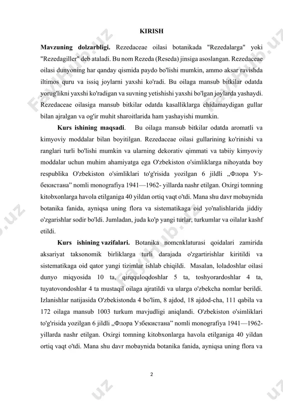 ikaga oid qator yangi tizimlar ishlab chiqildi. masalan, loladoshlar oilasi dunyo miqyosida 10 ta, qirqquloqdoshlar 5 ta, toshyorardoshlar 4 ta, tuyatovondoshlar 4 ta mustaqil oilaga ajratildi va ularga o'zbekcha nomlar berildi. izlanishlar natijasida o'zbekistonda 4 bo'lim, 8 ajdod, 18 ajdod-cha, 111 qabila va 172 oilaga mansub 1003 turkum mavjudligi aniqlandi. o'zbekiston o'simliklari to'g'risida yozilgan 6 jildli „флора узбекистана” nomli monografiya 1941—1962- yillarda nashr etilgan. oxirgi tomning kitobxonlarga havola etilganiga 40 yildan ortiq vaqt o'tdi. mana shu davr mobaynida botanika fanida, ayniqsa uning flora va sistematikaga oid yo'nalishlarida jiddiy o'zgarishlar sodir bo'ldi. jumladan, juda ko'p yangi turlar, turkumlar va oilalar kashf etildi. kurs ishining obekti va predmeti. botanika nomcnklaturasi qoidalari zamirida aksariyat taksonomik birliklarga turli darajada o'zgartirishlar kiritildi va sistematikaga oid qator yangi tizimlar ishlab chiqildi. masalan, loladoshlar oilasi dunyo miqyosida 10 ta, qirqquloqdoshlar 5 ta, toshyorardoshlar 4 ta, tuyatovondoshlar 4 ta mustaqil oilaga ajratildi va ularga o'zbekcha nomlar berildi. izlanishlar …