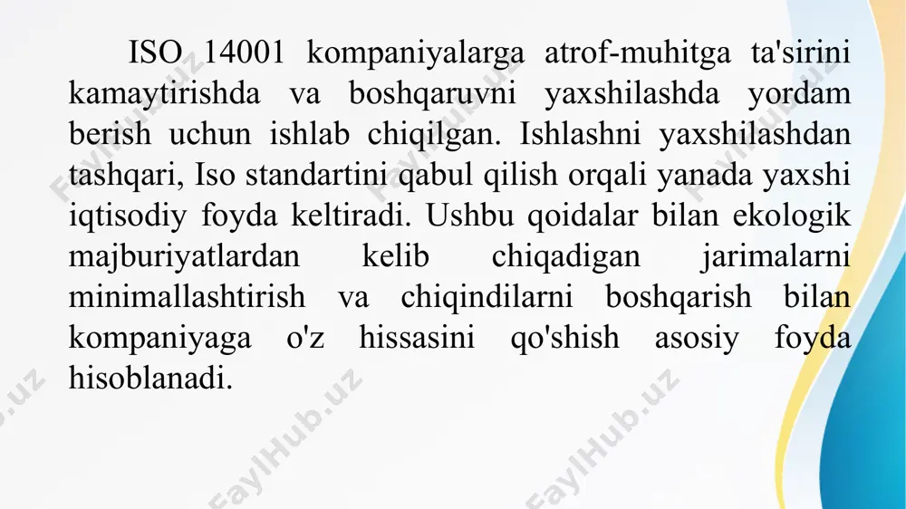 larni aniqlash, avariya va h.k. hodisalarni kamaytirish. toza, sog'lom va atrof muhitga zarar etkazadigan biznes tuzilmasiga o'tish tekshirilgan chiqindilarni qayta ishlash, xom ashyolarni chuqur tanlab olish, energiya va suv resurslarini yaxshiroq himoya qilish huquqbuzarliklarni bartaraf etish, tazyiqlarni topish va jazolarni to'lash kabi reaktiv boshqarish strategiyalarining moliyaviy yukini kamaytirish. ish joylarining sifatini yaxshilash, xodimlarning axloqi va tashkilotning qadriyatlariga sadoqatli bolish. yashil ishlab chiqarish jarayonlari muhim bo'lgan bozorlarda yangi biznes imkoniyatlarni yaratish. tashkilotning samaradorligi oshadi. xaridorlarga atrof-muhitni boshqarish bo'yicha majburiyat yuklangan hujjatga ega bo'lish mijozlarning ishonchini oshiradi. sertifikatga ega bo'lish tashkilotning bozorda obro'sini mustahkamlaydi. tashkilotga yangi bozorlarga kirishga imkon beradi. javobgarlik holatlari kamayadi va javobgarlikni sug'urtalash xarajatlari kamayadi. mumkin bo'lgan xavfli vaziyat oldindan aniqlanganda, u har doim favqulodda vaziyatlar va baxtsiz hodisalarga tayyor. favqulodda vaziyatlar va baxtsiz hodisalar natijasida yo'qotishlar kamayadi. ish muhitining sifati oshadi. xodimlarning kayfiyati ko'tariladi va tashkilotga sadoqat ortadi. xodimlarga beriladigan treninglar tufayli xodimlarda ekologik xabardorlik oshadi. kompaniya faoliyatidan …