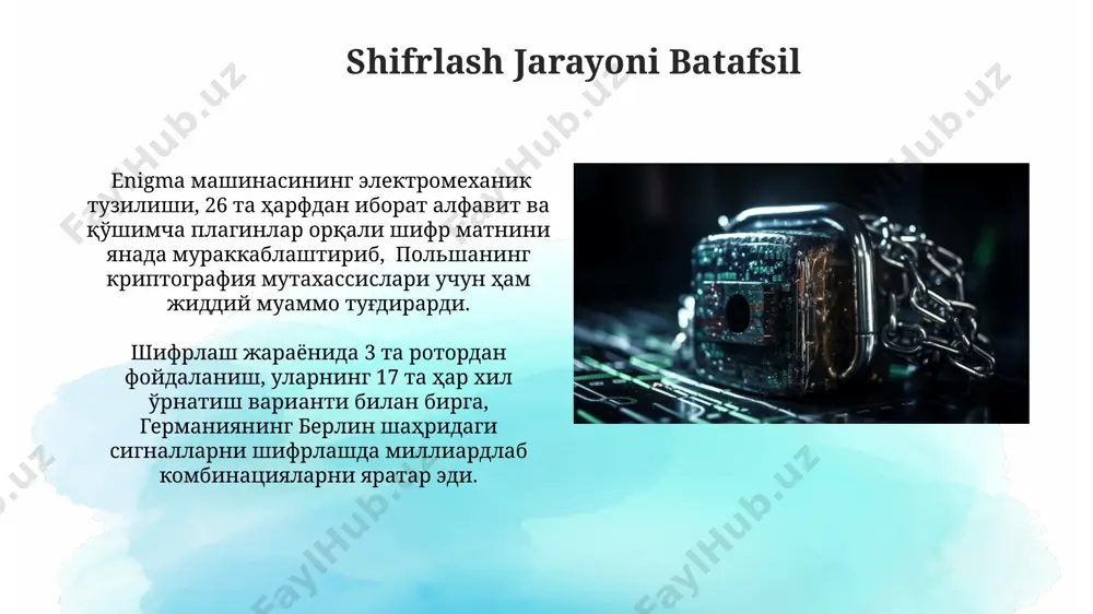 frining zaifligini ko'rsatadi. enigma zaif tomonlaridan biri rotorlarning aylanish mexanizmining oddiyligi bo'lib, bu britaniyaliklarning bletchley parkda mashinaning ishlashini tahlil qilish va bomba mashinasini yaratishga yordam bergan. enigma kaliti va uning generatsiyasi enigma kaliti kunlik sozlamalarni oʻz ichiga olgan boʻlib, bu rotorlarning tartibi, ularning boshlangʻich holati va stekkerbrett ulanishlarini oʻz ichiga olgan, bu esa millionlab turli xil kalit variantlarini yaratgan. ikkinchi jahon urushi davrida polsha, buyuk britaniya va aqsh kriptoanalitik mutaxassislari enigma kalitlarini sindirish uchun bombe kabi maxsus mashinalardan foydalanishgan, bu esa minglab xabarlarni deşifratsiya qilish imkonini bergan. enigma mashinasining tarixi enigma mashinalarining dastlabki prototiplari 1918-yilda berlinda, artur sherbius tomonidan ixtiro qilingan bo'lib, keyinchalik harbiy maqsadlarda qo'llanishi uchun 1920-yillarda takomillashtirildi. polsha kriptoanalitiklari, shu jumladan marian reyevskiy, 1930-yillarning o'rtalarida enigma kodini sindirishda muhim yutuqlarga erishdilar va bu buyuk britaniyaning bletchley parkdagi kod sindirish ishlariga katta ta'sir ko'rsatdi. alan turing va bombe mashinasi alan tyuringning bombe mashinasi bletchley parkda, ikkinchi jahon urushi davrida …