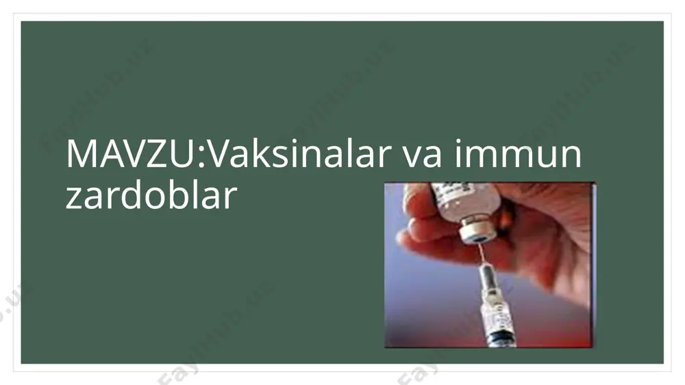 ga boʼlinadi: - tirik vaktsinalar-mikroorganimzlarning avirulent shtammlaridan tayyorlanadi; - korpuskulyar yoki oʼldirilgan vaktsinalar-mikroblarni fizik-kimyoviy usullar bilan oʼldirib olinadi; - аnatoksin-ekzotoksinlardan tayyorlanadi; - kimyoviy va sunʼiy vaktsinalar; - gen injeneriyasi usullari bilan tayyorlangan vaktsinalar. zardob bilan davolash va kasallikning oldini olish. normal va immun zardoblar tafovutlanadi. normal zardoblar sogʼlom donor qonidan ajratib olinib, juda ogʼir kechadigan yuqumli kasalliklarni davolash va oldini olishda ishlatiladi.. tarkibida, asosan, maʼlum bir patogen mikroorganizmga qarshi antitelolar tutuvchi zardoblar immun zardoblar deb ataladi. immun zardoblar yuqumli kasallikdan tuzalgan odamlar qoni yoki shu kasallik qoʼzgʼatuvchisining oʼzi yoki antigenlari bilan bir necha marta immunizatsiya (giperimmunizatsiya) qilingan hayvonlar (koʼpincha otlar) qonidan olinadi. davolash va profilaktika uchun ishlatiladigan immun zardoblar tozalangan, kontsentratsiyalangan holda chiqariladi. immun zardoblar ikki guruxga boʼlinadi: toksinga qarshi-antitoksik va bakteriyaga qarshi-antibakterial. boʼgʼma, botulizm, qoqshol, anaerob infektsiya, chayon va ilon zaharlariga qarshi anatoksik zardoblar tayyorlanadi. stafilokokk,streptokokk va koʼk yiring tayoqchasiga qarshi antibakterial zardoblar hozir keng qoʼllaniladi. immun zardoblar maxsus …