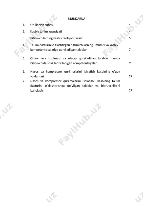 ikrni jamlash, qo`l-oyoq harakatini jarayonga moslashtirish, har tomonlama tez fikrlash va faraz qilish, yorug’likni sezish, faol va tez xotirlash, harakat xotirasi va moslashuvchanlik. 2.3. ta`limni davom ettirish imkoniyatlari. nasos va kompressor qurilmalarini ishlatish kasbi bitiruvchisi keyinchalik kasbiy ta`limini chuqurlashtirish maqsadida: kadrlar malakasini oshirish tizimida, tarmoq o`quv muassasalarida va maxsus kurslarida malakani oshirishi; kasbiy faoliyatning tegishli sohasida yanada yuqoriroq malakaga erish maqsadida oliy ta`lim muassasasida o`qishni davom ettirishi mumkin. 2.4. o`qishga qabul shartlari. o`qishga qabul shartlari amaldagi qonunchilik asosida amalga oshiriladi. 3. bitiruvchilarning kasbiy faoliyati tavsifi 3.1. bitiruvchining kasbiy faoliyat sohasi: nasos va kompressor qurilmalarini ishlatish kasbning maqsadi, nasos qurilmalari, mexanizmlari, agregatlari, o‘tkazgich quvurlari, berkitish va tartiblashtirish armaturalari, so‘rib berish muhitini tozalash filtrlari va avtomatik tartiblashtirish tarmog‘i ishini uzluksiz ta’minlash, kompressor stansiyalarining qurilmalarini uzluksiz ishlashini ta’minlash. 3.1. bitiruvchining kasbiy faoliyat ob`ektlari: 3.1.1. nasos qurilmalar mashinisti kvalifikatsiyasi bo`yicha: nasos qurilmalari; nasos mexanizmlari; nasos agregatlari; nazorat o‘lchov asboblari; mahsulot o‘tkazgich quvurlari; berkitish va …