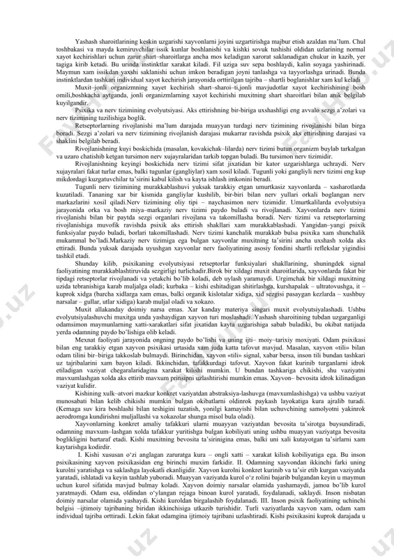 nsiz tabiatdagi in’ikosga karaganda sifat jixatidan yangi shakl kasb etadi. u fakat tashki taa’surotning kuchi va xarakteriga emas, balki organizmning ichki xolatiga xam boglik buladi. xar kanday jonli organizm barcha tashki kuzgatuvchilarga nisbatan tanlangan xolda «faol» munosabatda buladi va bu bilan jonli materiyaning sifat jixatidan yangi xususiyatini – uz–uzini tartibga solish xususiyatini namoyon kiladi. uzok vakt davom etgan evolyutsiya natijasida xozirgi organizmlarda in’ikosning kuzgaluvchanlikdan tortib, to uning ancha yuksak darajadagi shakllari – psixik xayotning ifodalanishi shakl–lari bulmish sezgilar idrok, xotira, tafakkurga kadar turli xildagi shakllarini kuramiz. ta’sirlanish – kuzgaluvchanlik tropizm. usimlik va xayvon–larga mansub shakllar evolyutsiyasining barcha boskichlarida jonli organi zmlar in’ikosining aloxida biologik shakli – ta’sirlanuv–chanlikka ega buladi. ta’sirlanuvchanlik tirik organizmning biologik axamiyatiga ega bulgan (biotik) ta’sirga javob berish kobiliyati demakdir. oddiy ta’sirlanuvchanlik sodda, bir xujayrali tirik organizm dayok seziladi. (suvli probirkadagi bir xujayrali amyoba probirka kizdirila boshlashi bilan xolatini uzgartirishi bunga misol buladi). biotik ta’sir natijasida jonli organizmda …