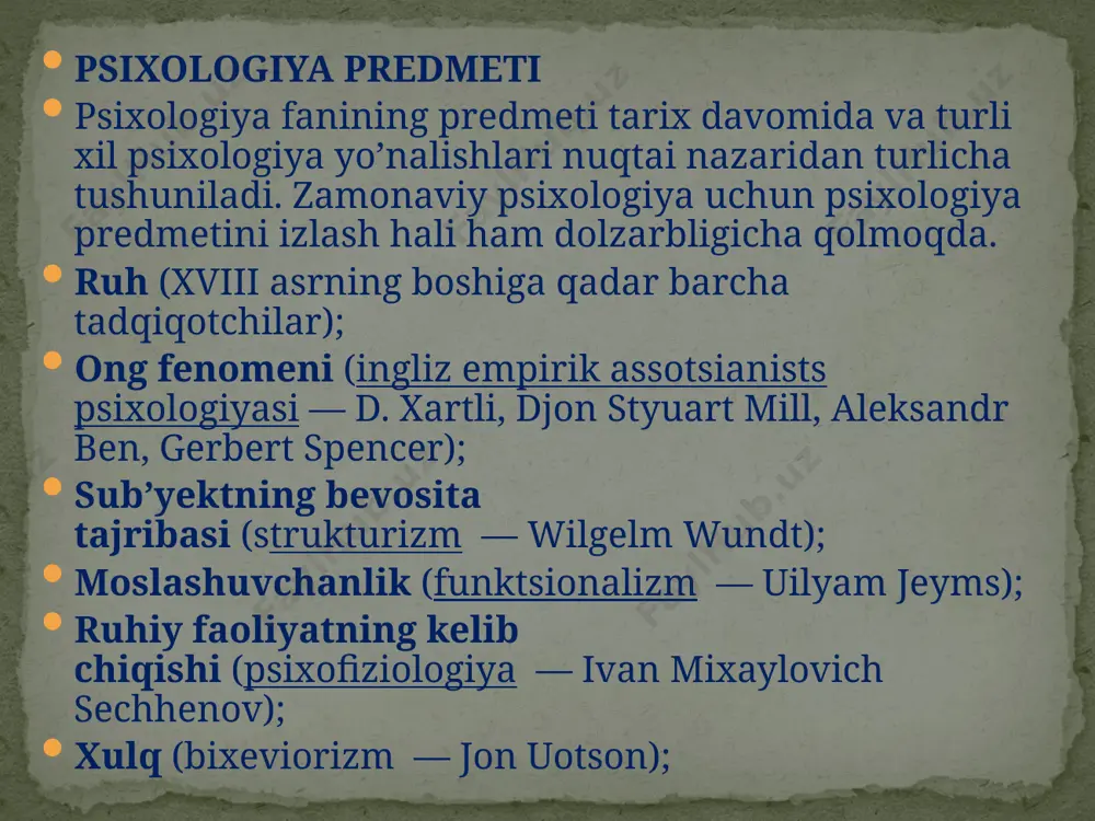 tira, hayol, idrok etish, nutq, hissiyotlar, erkinlik, reflekslar); psixik xususiyatlar (qobiliyatlar, ilhomlanish, temperament, xarakter); psixik holatlar. umumiy psixologiyaning fundamental tarmoq sifatida paydo bo’lishi 1940-yilda «umumiy psixologiya asoslari» nomli fundamental ishni yaratgan s. l. rubinshteyn nomi bilan bog’lanadi. fundamental (umumiy) psixologiya psixologiyaning amaliy ahamiyatga ega bo’lgan tarmoqlari amaliy deb nomlanadi. bunday tarmoqlarga, masalan, pedagogik psixologiya, rivojlanish psixologiyasi, differentsial psixologiya, ijtimoiy psixologiya, klinik psixologiya, huquqiy psixologiya, sport psixologiyasi va boshqalar kiradi. amaliy (maxsus) psixologiya oila etiboriz uchun rahmat etiboriz uchun rahmat image3.png image4.png image5.png image6.png image7.png image8.png image9.png image10.png image11.png image12.png image13.jpeg /docprops/thumbnail.jpeg