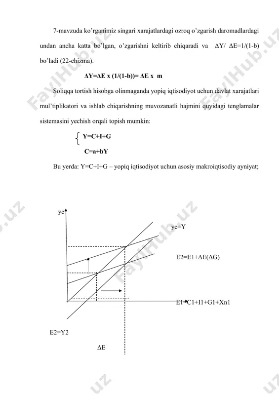 bu yerda: 1 / (1-b(1-t) – yopiq iqtisodiyotda xarajatlar mul’tiplikatori; t – chegaraviy soliq stavkasi. t =δy/δt bu yerda: δt – to’lanadigan soliqlar miqdorining o’sishi; δy – daromadlarning o’sishi. progressiv soliq tizimi mul’tiplikator samarasini yumshatadi va ishlab chiqarish hamda bandlilik darajalarini barqarorlashtiradi. soliqqa tortish hisobga olingan holdagi xarajatlar mul’tiplikatori soliqqa tortish hisobga olinmagan holdagi soliq mul’tiplikatoridan ancha kichikroq miqdorga ega, chunki daromadlarga aylangan xarajatlarning bir qismi soliqlarga chegirilib, muomaladan chiqadi va mal’tiplikatsiya samarasini pasaytiradi. bu ikkala formulani solishtirganda ham ko’zga tashlanadi. shuningdek ochiq iqtisodiyotda oshgan daromadlarning bir qismi importga yo’naltirilishi oqibatida muomaladan chiqib ketishi tufayli mul’tiplikator samarasi yopiq iqtisodiyotga nisbatan pastdir. ochiq iqtisodiyotda davlat xarajatlari mul’tiplikator va muvozanatli ishlab chiqarish hajmi quyidagi tenglamalar sistemasini yechib topiladi: y=c+i+g+xn c=a+b(1-t) x y xn=g+m’y agarda (2) va (3) tenglamalarni asosiy makroiqtisodiy ayniyatga qo’yib, yechsak quyidagi yechimga ega bo’lamiz: 1 y= ------------------- (a+i+g+g) 1(1-b(1-t)+m’ bu yerda: 1 / 1(1-b(1-t)+m’ ochiq iqtisodiyotda davlat xarajatlar mul’tiplikatori. …