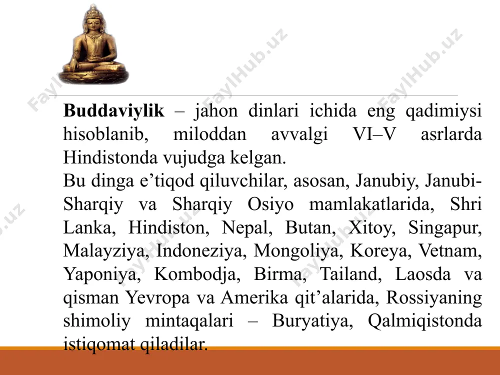 i bajaruvchi) deb nom qo`yganlar; u 7 kundan keyin yurib ketgan va gapira boshlagan. sidxartxaning otasi o`g`lini din yo`liga bag`ishlashga rozi bo`lmay, unga yaxshi ma`lumot bergan hamda yaxshi sharoitlarda tarbiyalagan va u hech qanday qiyinchilik ko`rmay o`sgan; o`spirinligidayoq o`zining donoligi, kuchliligi va epchilligi bilan hammani hayratga solar ekan. u bir cholga duch kelgan, kasal yotgan kishini, o`likni ko`rgandan so`ng hayotning mohiyati, maqsadi, og`irliklari, kasallik va o`lim haqida o`ylay boshlagan. binobarin, hayotning behudaligini anglab, tarki dunyo qilgan, darvesh yo`liga kirgan; bu bilan u go`yo kishilar boshiga tushadigan kulfatlar, azob-uqubatlar sabablarining mohiyatiga tezroq yetib, ulardan qutulish yo`lini topmoqchi bo`lgan. nihoyat, 36 yoshida “haqiqiy bilim” ni topganligini e`lon qilgan. shundan so`ng u budda deb nom olgan (“budda” so`zi ilohiy haqiqatga erishgan, degan ma`noni anglatadi). shu tariqa u 4 ta ulug`vor haqiqat siri ochilgan, ular buddiylik ta`limotiga asos qilib olingan. buddiylik diniy ta`limotining asosiy manbai muqaddas kitob - “gripitaka” (uch savat donolik) deb atalgan. …