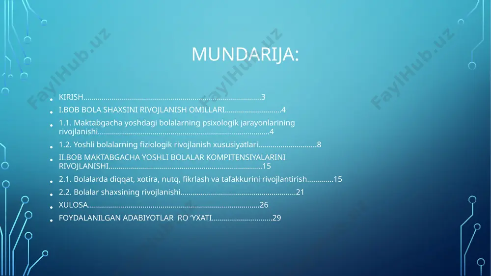 iyatli manosabatda bo'lish odatlarini singdiradi, yaxshilik, haqiqatgo'ylik, adolat, jasurlik, kamtarinlik, kattalarga hurmat bilan qarash, tabiatga qiziqish, kuzatuvchanlik, o'simlik va hay vonlarga g'amxo'rlik bilan qarash, mehnatsevarlik, kattalar mehnati natijalarini asrab-avaylash kabi axloqiy sifatlar tarbiyalaydi. yuqoridagilarni hisobga olgan holda kurs ishining dolzarbligi asoslandi. maktabgacha ta'limning maqsad va vazifalari. davlat talablarida maktabgacha ta'lim-tarbiyaning mazmuni. bolalarni maktabga tayyorlash fanining boshqa fanlar bilan aloqasi. maktabgacha ta'lim muassasasida ta'lim-tarbiya ishini davr talabi ekanligi. maktabgacha ta'lim muassasasida bolalarni rivojlantirish bosqichlari. har bir maktabgacha ta'lim muassasasi yagona nazorat tizimini yaratishi kerak, uning maqsad va vazifalari maktabgacha ta'lim muassasasining ta'lim va tarbiya jarayonining maqsad va vazifalaridan kelib chiqadi, shuning uchun yillik rejada rejalashtirilgan (4-bo'lim nazorat va boshqaruv). ). nazorat o‘z vaqtida amalga oshirilsa va uni amalga oshirish natijasida rejalashtirilgan tadbirlar amalga oshirilsa samarali bo‘ladi. nazorat jarayonida faktni bayon qilish emas, balki kamchiliklarning sabablarini aniqlash, ularni bartaraf etish bo‘yicha samarali chora-tadbirlar ishlab chiqish muhim ahamiyatga ega. o'qituvchilar tarkibining barcha a'zolari …