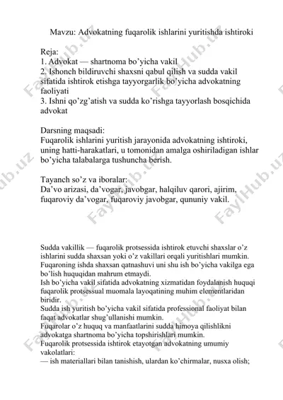 advokatning fuqarolik ishlarini yuritishda ishtiroki — DOC