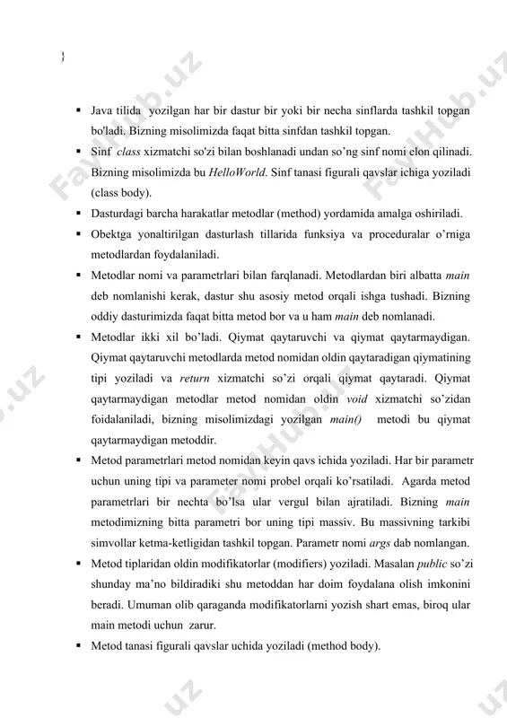 z \n bu yangi satrdan yozildi” “\”qo\’shtirnoq ichiga yozildi\” bu esa qo\’shtirnoqdan tashqarida yoziladi” satrli o’zgarmaslar + ishorasi orqali ulash mumkin. misol uchun “satrni ” + “ulash” amali “satrni ulash” natijasini beradi. e’tibor bering, satrlarni ulashda hech qanday qo’shimcha belgi ishlatilmaydi. ular orasidagi probel birinchi satrga tegishli bo’ladi. agarda satrli o’zgarmas uzun ko’rinishda bo’lsa satrlarga bo’lamiz, xar bir satrdan keyin + ishorasi qo’yamiz; shunda kompilyator ikkita va undan ortiq satrni bitta satrli o’zgarmas deb yig’adi. masalan: “bitta uzun satrli o’zgarmas”+ “ikkita satrga yozilgan”; nomlar. o’zgaruvchilar, sinflar, metodlar va boshqa obekt nomlari identifikatorlar(identifiers) deyiladi. itentifikatorlar lotin harflari va 0-9 gacha bo’lgan arab raqamlaridan tashkil topgan bo’ladi, lekin identifikatorlarning birinchi belgisi raqam bo’lmasligi kerak. (haqiqatdan ham 3e2 yozuvini qanday tushunish mumkin: 300,0 raqamimi yoki o’zgaruvchi nomimi?). java alfavitida albatta katta va kichik lotin harflari dollar $ belgisi va pastdan chiziqcha (_), shunday qilib milly alfavit belgilari kiritiladi. eslatma nomlarda dollar belgisini ko’rsatmang. …