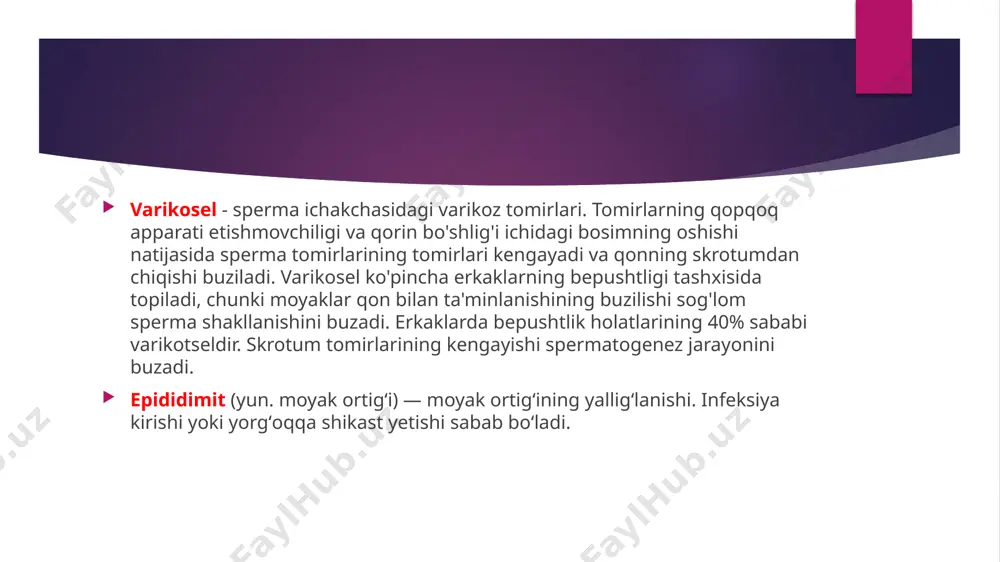 h - intramural mioma; bachadon bo'shlig'ida o'sish - submukoz mioma; bachadondan tashqarida o'sish - subseroz mioma. tuxumdon kistasi (grekcha: κύστις — qop, siydik pufagi) — tuxumdonning tuzilishida paydo boʻladigan va uning hajmini bir necha marta kattalashishiga olib keladigan suyuq yoki yarim suyuq tarkibga ega boʻlgan pufak shaklidagi hosila. bachadondan tashqari homiladorlik – urugʻlangan tuxum hujayraning bachadondan tashqarida taraqqiy etishi. urugʻlangan tuxum hujayraning payvandlangan joyiga qarab, homila bachadon nayining oʻzida (bachadondan tashqari homiladorlik h.ning shu xily eng koʻp uchraydi), tuxumdon yoki qorin boʻshligʻida, shuningdek bachadonning rudimentar shoxida rivojlanishi mumkin. image1.jpeg /docprops/thumbnail.jpeg