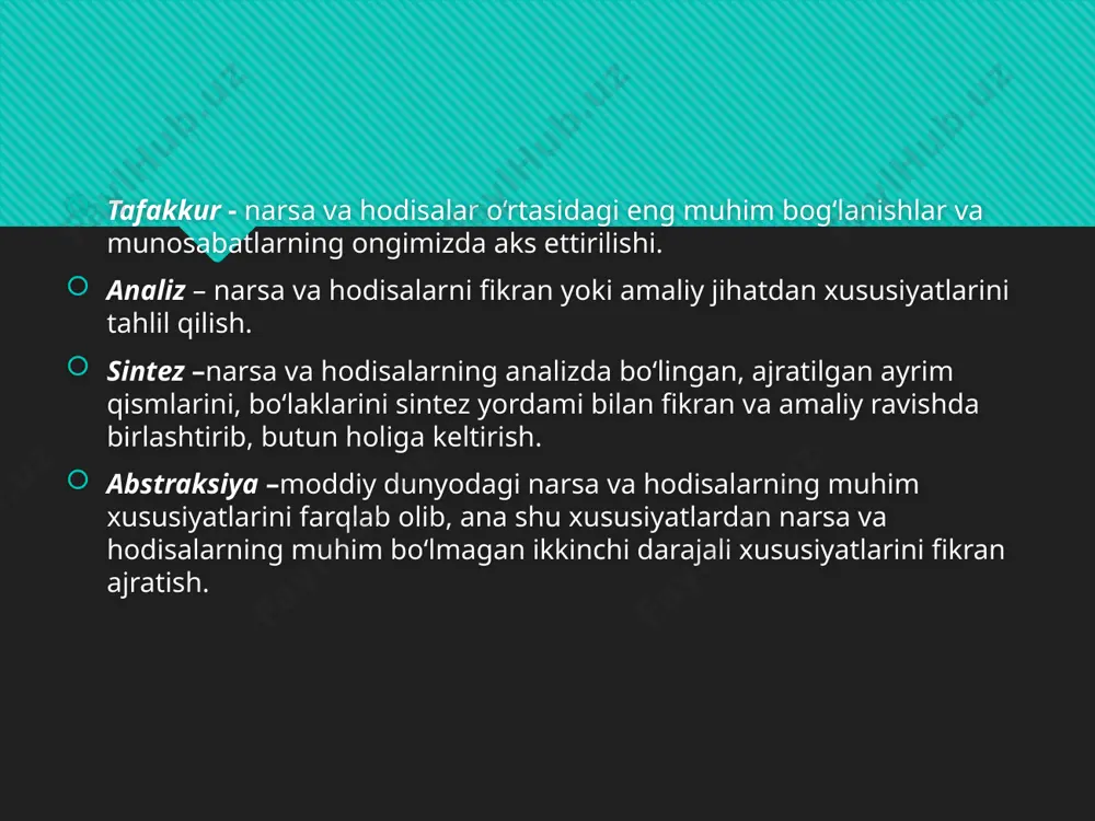 mavhumdir. o‘z navbatida, obrazli tafakkur atrofimizdagi olamni aniq va sub’ektiv aks ettirish imkonini beradi. shunday qilib, tushunchali va obrazli tafakkurlar bir-birini to‘ldiradi. bir yoki bir necha hukmlardan yangi hukm yuzaga keladigan tafakkur shakli xulosa deb ataladi. boshqa hukmlar keltirib chiqariladigan boshlang‘ich hukmlar xulosa dalillari deb ataladi. masalan, barcha slanetslarning yonuvchanligi ma’lum, va ushbu modda slanets bo‘lsa, u holda «ushbu moddaning yonuvchanligi» haqida xulosa yasash mumkin. xulosa chiqarishning sodda va tipik shakli sillogizm hisoblanadi. masalan: «barcha metallar – elektr o‘tkazuvchi. qalay – metall bo‘lgani uchun, qalay – elektr tokini o‘tkazadi». inson asosan xulosalarning ikki turi – induksiya va deduksiyadan foydalanadi. induksiya – bu xususiy xulosalardan umumiy xulosalarni keltirib chiqarish, ayrim dalillar va hodisalarni o‘rganish asosida umumiy qoidalar va qonunlar o‘rnatish usuli. deduksiya – bu umumiy mulohazalardan xususiy mulohazalar keltirib chiqarish, umumiy qonunlar va qoidalar asosida ayrim dalillar va hodisalarni bilish. abstraksiya – bu jism va hodisalarning muhim bo‘lgan xossa va belgilarini …