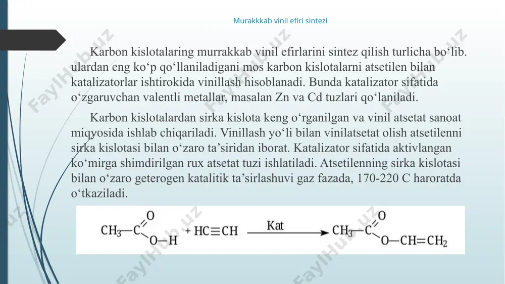 sbatan 30%ni tashkil qildi. jarayonda sirka kislotaning vinil efiri-vinilatsetat hosil bo‘lishi aniqlandi. reaksiya quyidagi sxema bo‘yicha boradi. atsetilen va sirka kislotadan zn(cн3coo)2 katalizatori ishtirokida vinilatsetat hosil bo‘lish mexanizmi atsetilenning katalizator sirtida faol markazga ( zn2+ ioniga) adsorbsiyalanishi bilan tushuntiriladi. 2.vinilatsetatning geterogen-katalitik sintezi bunda rux va atsetilen orasida π-kompleks hosil bo‘ladi keyin esa faollangan (adsorbsiyalangan atsetilen molekulasining katalizator tarkibidagi kislota qoldig‘i) anioni bilan ichki kompleks ta’sirlashuvi sodir bo‘ladi. oraliq birikmaga sirka kislota ta’siridan vinilatsetat hosil bo‘ladi va katalizator sirtidan ajratib chiqadi. dastlab vinillash jarayoni faollashtirilgan ko‘mirga yuttirilgan zn(cн3coo)2 katalizatorligida olib boriladi. bunda viniatsetat unumiga harorat ta’siri o‘rganildi. olingan natijalar 1-jadvalda keltirilgan. 1-rasm. sirka kislotasini geterogen–katalitik vinillash jarayoni reaktorining sxemasi. 1-gazgolder: 2-quritish uchun shubber; 3-reometr; 4-aralashtirgich; 5-reaktor; 6-dozator; 7-teremopara; 8-sovutgichlar; 9-yig‘gich; 10-gazgolder. vinilatsetat unimiga faollantirilgan ko‘mir / zn(cн3coo)2 katalizatori ishtirokida harorat ta’siri ( sirka kislota. atsetilen mol nisbati 1:1 boshlang‘ich moddalar hajmiy tezligi 180-185 1/1 kad soat) keltirilgan natijalardan ko‘rinadiki, o‘rganilgan oraliqda …