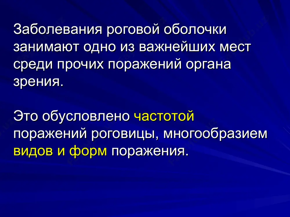 ица связана с конъюнктивой, склерой, сосудистым трактом и легко вовлекается в воспалительный процесс при заболевании этих оболочек; 3. постоянное наличие микрофлоры в конъюнктивальном мешке нередко оказывается опасным даже при минимальном травмировании роговицы; 4. роговица является бессосудистой оболочкой и условия ее питания значительно хуже, чем других оболочек; 5. эндогенные факторы (герпес, туберкулез, сифилис, токсоплазмоз) способствуют возникновению кератитов. в нормальном состоянии роговица обладает рядом свойств прозрачна блестяща зеркальна сферична имеет определенную величину высоко чувствительна клиническая анатомия диаметр роговицы в среднем составляет 11,5 мм (вертикальный) 12 мм (горизонтальный). роговица обильно иннервируется нервными окончаниями первой ветви тройничного нерва. от нее отходят задние длинные ресничные нервы, проникающие в роговицу. от 70 до 80 веточек попадают в роговицу с периферии в плоскостях конъюнктивы, эписклеры и склеры. они утрачивают свою миелиновую оболочку на расстоянии 1-2 мм от лимба. выделяют субэпителиальное и стромальное нервные сплетения, которые дают веточки, идущие кпереди, к эпителию. отек роговицы – причина цветовых аберраций …