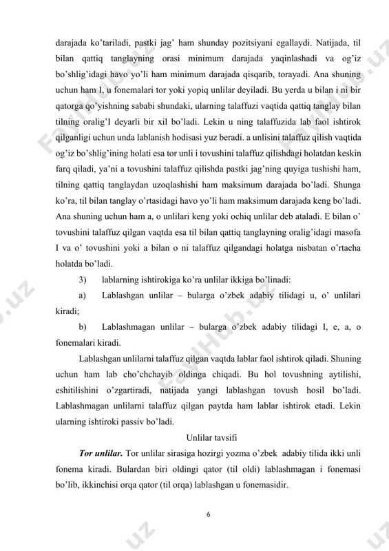 lan o ni talaffuz qilgandagi holatga nisbatan o’rtacha holatda bo’ladi. 3) lablarning ishtirokiga ko’ra unlilar ikkiga bo’linadi: a) lablashgan unlilar – bularga o’zbek adabiy tilidagi u, o’ unlilari kiradi; b) lablashmagan unlilar – bularga o’zbek adabiy tilidagi i, e, a, o fonemalari kiradi. lablashgan unlilarni talaffuz qilgan vaqtda lablar faol ishtirok qiladi. shuning uchun ham lab cho’chchayib oldinga chiqadi. bu hol tovushning aytilishi, eshitilishini o’zgartiradi, natijada yangi lablashgan tovush hosil bo’ladi. lablashmagan unlilarni talaffuz qilgan paytda ham lablar ishtirok etadi. lekin ularning ishtiroki passiv bo’ladi. unlilar tavsifi tor unlilar. tor unlilar sirasiga hozirgi yozma o’zbek adabiy tilida ikki unli fonema kiradi. bulardan biri oldingi qator (til oldi) lablashmagan i fonemasi bo’lib, ikkinchisi orqa qator (til orqa) lablashgan u fonemasidir. i fonemasi. bu fonema lablashmagan, tor unli tovush bo’lib, tilning gorizontal yo’nalishiga ko’ra farqlanadigan oldingi qator va orqa qator variantlariga ega. (lekin bu variantlar orfografiyada aks etmaydi). masalan, i unli tovushi …