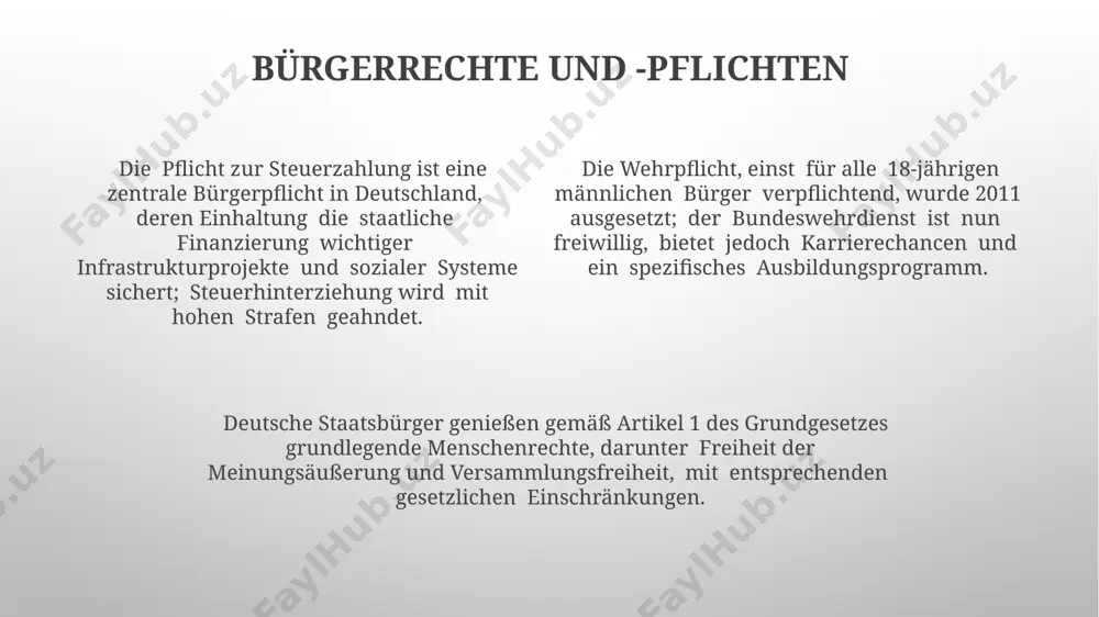 rhältniswahl mit 5%-hürde und ausgleichsmandaten, um die proportionalität des ergebnisses zu gewährleisten. bei landtagswahlen variieren die wahlsysteme in den bundesländern; einige nutzen einfache verhältniswahl, andere kombinieren sie mit mehrheitswahlsystemen, was zu unterschiedlichen sitzverteilungen führt. verwaltungsebenen deutschlands verwaltungsebenen gliedern sich in bund, länder, kreise und gemeinden, wobei die zuständigkeiten zwischen diesen ebenen klar definiert sind und oft in gesetzen geregelt werden. die anzahl der verwaltungsebenen kann je nach bundesland variieren, beispielsweise gibt es in einigen ländern mittelbehörden wie regierungsbezirke, die zusätzliche verwaltungsschichten bilden. die kommunale ebene umfasst städte, gemeinden und landkreise, die jeweils eigene organe wie bürgermeister, gemeinderäte und kreisverwaltungen besitzen und für lokale angelegenheiten zuständig sind. rechtsordnung die deutsche rechtsordnung basiert auf einer hierarchischen struktur mit bundesrecht über landesrecht, wobei ca. 12.000 gesetze und verordnungen existieren. die rechtsprechung des bundesverfassungsgerichts (bverfg) spielt eine entscheidende rolle bei der auslegung des grundgesetzes und beeinflusst mit ihren urteilen die rechtsanwendung signifikant. das bgb …