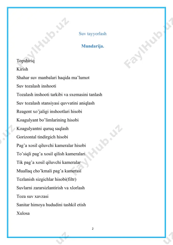 ri va aholini suv bilan taʼminlaydigan) hamda ishlab chiqarish. (sanoat yoki q.h.ni suv bilan taʼminlaydigan) xillari bor. suv taʼminotida tabiiy suv manbalari — ochiq havzalar (daryo, koʻl, dengiz, suv ombori va boshqalar) hamda yer osti suvlari (buloqlar, artezian suvlari va boshqalar)dan foydalaniladi. aholi egʻtiyoji uchun eng yaroqli suv — yer osti suvlaridir. lekin yer osti suvlari aholining ehtiyojini toʻliq qondira olmaydi. shuning uchun yirik shaharlar va sanoat korxonalari chuchuk suvli ochiq havzalar suvidan taʼminlanadi. suv taʼminotining umumiy sxemasi: suv qabul qilish inshooti 1, i nasos st-yasi 2, suv tozalash inshootlari 3, toza suv rezervuari 4; ii nasos st-yasi 5, suv yoʻllari 6 (quvurlar, beton ariklar va boshqalar), vodoprovod tarmogʻi 7 va bosim minorasidan iborat. mahalliy sharoitga qarab, st. sxemasi oʻzgarishi mumkin. masalan, havza suvini tozalashning keragi boʻlmasa, suv tozalash inshootlarini qurishga ehtiyoj qolmaydi. agar suv havzasi suv bilan taʼminlanadigan obʼyektdan baland joylashgan boʻlsa, nasos st-yalari qurilmaydi. yer osti suvlarini chiqarish …