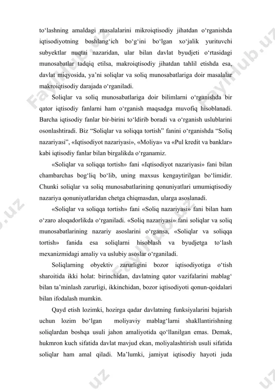 a’minlash zarurligi, ikkinchidan, bozor iqtisodiyoti qonun-qoidalari bilan ifodalash mumkin. qayd etish lozimki, hozirga qadar davlatning funksiyalarini bajarish uchun lozim bо‘lgan moliyaviy mablag‘larni shakllantirishning soliqlardan boshqa usuli jahon amaliyotida qо‘llanilgan emas. demak, hukmron kuch sifatida davlat mavjud ekan, moliyalashtirish usuli sifatida soliqlar ham amal qiladi. ma’lumki, jamiyat iqtisodiy hayoti juda murakkab iqtisodiy hodisalardan iborat. ana shu murakkablik bevosita soliqlarga ham tegishliki, bu holat soliqlarning iqtisodiy mohiyatini teran anglashni taqozo etadi. soliqlar majburiy tо‘lovlarni ifoda etuvchi pul munosabatlarini bildiradi. bu munosabatlar soliq tо‘lovchilar (huquqiy va jismoniy shaxslar) bilan ularni о‘z mulkiga aylantiruvchi davlat о‘rtasida bо‘ladi. korxona va tashkilotlar aholiga xizmat kо‘rsatganda, ishlar bajargan yoki bozorlarda oldi-sotdi qilish jarayonida pul munosabatlarini hosil qiladi. lekin ular soliq bо‘la olmaydi, soliq munosabati bо‘lishi uchun davlat mamlakatda yaratilgan mahsulot qiymatini taqsimlash yо‘li bilan davlat byudjetiga majburiy tartibda tо‘lanishi yoki undirilishi lozim. davlat uchun byudjetning asosiy manbai hisoblangan soliqlar katta ahamiyatga ega. hozirgi vaqtda soliqlar vositasida davlat …