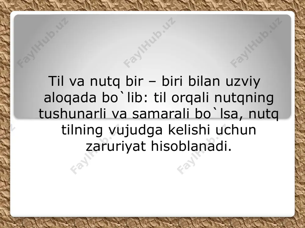 itish a`zolari tomonidan idrok qilinadigan (ovoz yozib oluvchi uskunalar yorda-mida qayd etiladigan va qayta takrorlanadigan) artikulyasiyasi tarzida yoki ushbu belgilarning yozuvda shartli aks etishi tarzida yuzaga chiqadi. asl nutq ("tashqi nutq") bilan bir qatorda ichki n. ham bor. u so`zlovchi ongida bilishga yordam beradigan turli xil masalalarni muhokama qilish va hal etishga qaratiladi. ichki n. tashki n. asosida, tovush yoki yozuv qo`llanmagan holda, faqat ovozli n.dagi so`zlar haqidagi aniq tasavvurlar bilan kechadigan ak/shy jarayonlar tarzida amalga oshadi. yozma n. og`za-ki n.dan bir qadar shakllanganligi, so`zlarning o`ta sinchkovlik bilan tanlab olinishi, grammatik jihatdan aniq, lekin murakkab shakllanganligi, og`zaki n. uchun xos bo`lgan ohang , mimika va qo`l harakatlarining bevosita qo`llana olmasligi bilan farqlanadi. n.ning monologik (q. monolog ) va dialogi k (q. dialog ) turlari mavjud. til va nutq mavhum statik ijtimoiy aloqa quroli hayoti uzoq tahlil orqali dialog, monolog bo`lmaydi aniq dinamik individual aloqa usuli hayoti qisqa qabul qilish, tushunish …