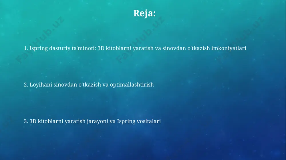 jalb etilishini oshirishingiz mumkin. stsenariylarni yaratish va test qilish ispring suite yordamida 3d kitoblar uchun 20 dan ortiq stsenariylarni interaktiv ravishda yaratish va ularni 5 turdagi testlardan o'tkazish mumkin. stsenariylarni yaratish jarayonida 10 ta turli xil obyektlar va 3d modellashtirish vositalaridan foydalanib, murakkab va realistik senariylarni yaratish imkoniyati mavjud. kelajakdagi tendentsiyalar sun'iy intellekt yordamida avtomatlashtirilgan testlarni yaratish va tahlil qilish jarayoni ispringda 20% tezlashishi, ish samaradorligini oshiradi. ispring platformasida ar/vr texnologiyalari bilan integratsiya 2025 yilga kelib 30% ga o'sishi, 3d kitoblarni yanada hayoliy va immersiv qiladi. ispring suite'dagi 3d ob'ektlar bilan ishlash ispring suite’da 30 dan ortiq turdagi 3d ob’ektlarni import qilish va ular bilan ishlash imkoniyati mavjud bo‘lib, bu interaktivlikni oshirishga yordam beradi. ispring suite’ning 3d funksiyalari, ram hajmi va protsessor tezligiga qarab, 500 mb gacha hajmdagi 3d modellarning samarali ishlashini ta’minlaydi. kengaytirilgan imkoniyatlar testlash jarayonini soddalashtiruvchi 30 dan ortiq avtomatlashtirilgan hisobot turi va natijalarni tahlil qilish uchun qulay …