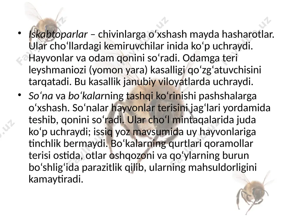 o‘radi. ular cho‘l mintaqalarida juda ko‘p uchraydi; issiq yoz mavsumida uy hayvonlariga tinchlik bermaydi. bo‘kalarning qurtlari qoramollar terisi ostida, otlar oshqozoni va qo‘ylarning burun bo‘shlig‘ida parazitlik qilib, ularning mahsuldorligini kamaytiradi. image2.jpeg image3.jpeg image1.jpeg /docprops/thumbnail.jpeg