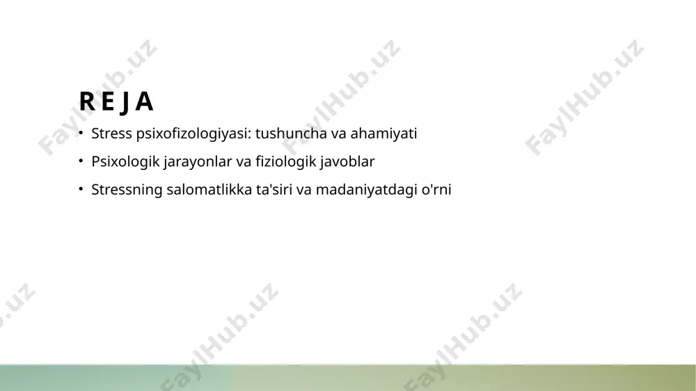 hga olib kelishi mumkin. stress psixofizologiyasining salomatlik va madaniyatga ta'siri. stress va salomatlik stress organizmda turli fiziologik reaksiyalarni keltirib chiqaradi, bu esa sog'liqni saqlashga salbiy ta'sir ko'rsatishi mumkin. stressli vaziyatlar kasalliklarning rivojlanishiga olib keladi. madaniyat va stress o'zbekiston madaniyatida stressni boshqarish an'anaviy usullari mavjud. oilaviy va ijtimoiy aloqalar stress darajasini kamaytirishga yordam beradi, bu esa sog'liq uchun foydali. psixologik ta'sirlar stress psixologik holatlarni o'zgartiradi, depressiya va xavotirni keltirib chiqaradi. bu holatlar, o'z navbatida, jismoniy salomatlikka salbiy ta'sir ko'rsatadi. psixologik jarayonlar: stressga qanday ta'sir ko'rsatadi? 1 stress va hissiyotlar stress psixologik jarayonlar bilan chambarchas bog'liq. hissiyotlarimiz stressni kuchaytirishi yoki kamaytirishi mumkin, bu esa umumiy salomatlikka ta'sir qiladi. 2 o'ziga xos fikrlar stressga nisbatan shaxsiy fikrlar, masalan, stressni qabul qilish yoki qarshi kurashish usullari, psixologik reaksiya va salomatlikda katta rol o'ynaydi. 3 ijtimoiy ta'sir o'zbek madaniyatidagi ijtimoiy munosabatlar stressga ta'sir ko'rsatadi. jamiyatdagi qo'llab-quvvatlash yoki tanqid stress darajasini oshirish yoki kamaytirishi mumkin. fiziologik …