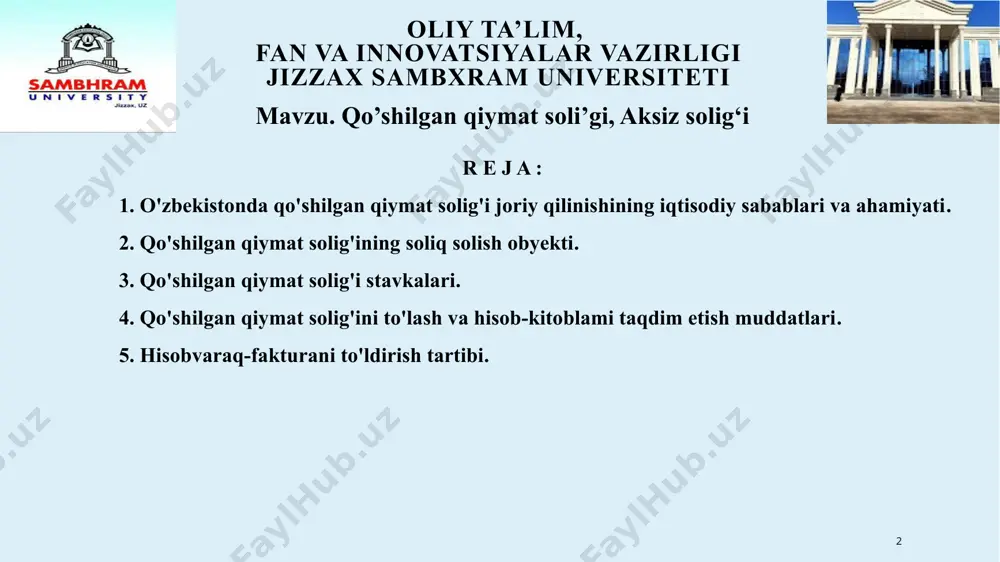 ilgan qiymat solig'i joriy qilinishining iqtisodiy sabablari va ahamiyati. qo'shilgan qiymat solig'ini davlat byudjetining daromad qismiga jalb qilish g'oyasi dastlab xx asrning boshlarida yuzaga keldi. bu taklifri birinchi marta germaniya byudjet amaliyotida joriy etishni 1919-yilda vilgelm fon simens ilgari surdi. qo'shilgan qiymat solig'ini amaliyotga joriy etish va undirish mexanizrni birinchi bor fransuz moliyachisi m.lore tomonidan ishlab chiqilib, 1968 yildan boshlab fransiyada qo'shilgan qiymat solig'i amaloyotga joriy etilgan. o'zbekiston soliq tizimida qo'shilgan qiymat solig'i 1992-yildan buyon amal qilmoqda. 6 oliy ta’lim, fan va innovatsiyalar vazirligi jizzax sambxram universiteti 2. qo'shilgan qiymat solig'ining soliq solish obyekti. soliq kodeksining 237-moddasiga binoan o‘zbekiston respublikasida tadbirkorlik faoliyatini amalga oshiruvchi va (yoki) tovarlarni (xizmatlarni) realizatsiya qiluvchi quyidagilar qo‘shilgan qiymat solig‘ini to‘lovchilar deb e’tirof etiladi 1) o‘zbekiston respublikasining yuridik shaxslari; 2) tovarlarni (xizmatlarni) realizatsiya qilishdan olingan daromadi soliq davrida bir milliard so‘mdan oshgan yoxud ixtiyoriy ravishda qo‘shilgan qiymat solig‘ini to‘lashga o‘tgan yakka tartibdagi tadbirkorlar; 3) o‘zbekiston respublikasi …