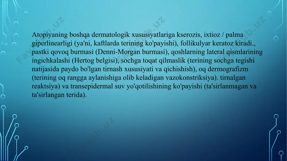 sor yuzalarda paydo bo'ladi. kuchli qichishish asosiy xususiyatdir. qichishish ko'pincha lezyonlardan oldin sodir bo'ladi va quruq havo, terlash, mahalliy tirnash xususiyati, jun kiyim bilan aloqa qilish va hissiy stress bilan kuchayadi. qo'llab-quvvatlovchi parvarish (jumladan, terini to'g'ri parvarish qilish va qo'zg'atuvchi omillarni bartaraf etish bo'yicha maslahatlar) qichimaga qarshi preparatlar topikal kortikosteroid preparatlari topikal kalsineurin ingibitorlari topikal qo'llash uchun crisaborol fototerapiya, ayniqsa tor diapazonli ultrabinafsha b tizimli immunosupressantlar superinfektsiyalarni davolash e'tiboringiz uchun tashakkur! image3.jpg image4.jpg image5.jpg image6.jpg image7.jpg image2.png /docprops/thumbnail.jpeg