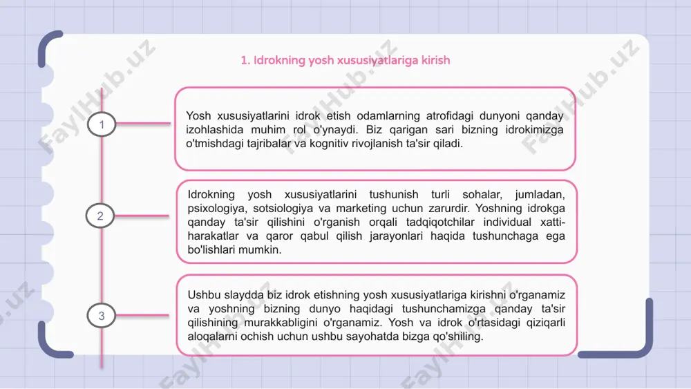 qbolga ega. bolalarning idroki aniqroq va so'zma-so'z bo'lib, darhol sezgi kiritishga qaratilgan. aksincha, kattalar o'tmishdagi tajribalarni, kontekstni va mavhum fikrlashni yaxlit tushunish uchun birlashtiradi. bolalar o'sib ulg'aygan sari, ularning idrok etish jarayoni etuk bo'lib, kattalarga o'xshash qobiliyatlarga o'tadi. ushbu evolyutsiya asabiy rivojlanish, kognitiv o'sish va atrof-muhit bilan o'zaro ta'sirlardan o'rganishni o'z ichiga oladi. 1 2 3 7. vizual idrokning yoshga bog'liq o'zgarishlari yoshi bilan odamlarda vizual idrok etishda sezilarli o'zgarishlar bo'ladi. keksa odamlar ranglarni farqlash yoki chuqurlikni aniq idrok etishda qiyinchiliklarga duch kelishlari mumkin. bundan tashqari, vizual idrok etishdagi yoshga bog'liq o'zgarishlar, ayniqsa, yaqin ob'ektlarga yoki kam yorug'lik sharoitida diqqatni jamlashda qiyinchiliklarga olib kelishi mumkin. ushbu o'zgarishlar ko'rish keskinligi va talqin qilishni talab qiladigan haydash, o'qish yoki vazifalarni bajarish kabi kundalik faoliyatga ta'sir qilishi mumkin. 8. chaqaloqlar va chaqaloqlarda pertseptiv rivojlanish go'daklik va bolalik davrida idrok etish qobiliyati sezilarli darajada takomillashtiriladi va rivojlanadi, bu yosh bolalarning atrofdagi dunyoni qanday idrok …