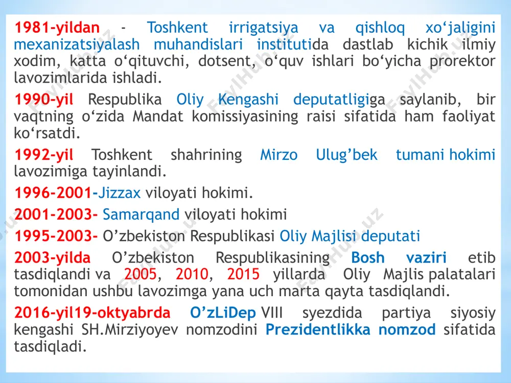 oiy-iqtisodiy rivojlantirishning asosiy yakunlari va 2017 yilga mо‘ljallangan iqtisodiy dasturning eng muhim ustuvor yо‘nalishlariga bag‘ishlangan vazirlar mahkamasining kengaytirilgan majlisidagi ma’ruza). 2017 yil 14 yanvar . –t.: о‘zbekiston, 2017. 104 b. 3.mirziyoyev sh.m. qonun ustuvorligi va inson manfaatlarini ta’minlash – yurt taraqqiyoti va xalq farovonligining garovi (о‘zbekiston respublikasi konstitusiyasi qabul qilinganining 24 yilligiga bag‘ishlangan tantanali marosimdagi ma’ruza) 2016 yil 7 dekabr. –t.: “о‘zbekiston”, 2017. 48 b. 4.mirziyoyev sh.m. buyuk kelajagimizni mard va olijanob xalqimiz bilan birga quramiz (mazkur kitobdan о‘zbekiston respublikasi prezidenti shavkat mirziyoyevning 2016 yil 1 noyabrdan 24 noyabrga qadar qoraqalpog‘iston respublikasi, viloyatlar va toshkent shahri saylovchilari vakillari bilan о‘tkazilgan saylovoldi uchrashuvlarida sо‘zlagan nutqlari о‘rin olgan). –t.: “о‘zbekiston”, 2017. -488 b. 5.mirziyoyev sh.m. miliy taraqqiyot yo‘limizni qat’iyat bilan davom ettirib, yangi bosqichga ko‘taramiz. asarlar 1-jild. -t.: “o‘zbekiston”. 2018. 6.mirziyoyev sh.m. xalqimizning roziligi bizning faoliyatimizga berilgan eng oliy bahodir. asarlar 2-jild. -t.: “o‘zbekiston”. 2018. 7.mirziyoyev sh.m. niyati ulug’ xalqning ishi ham …