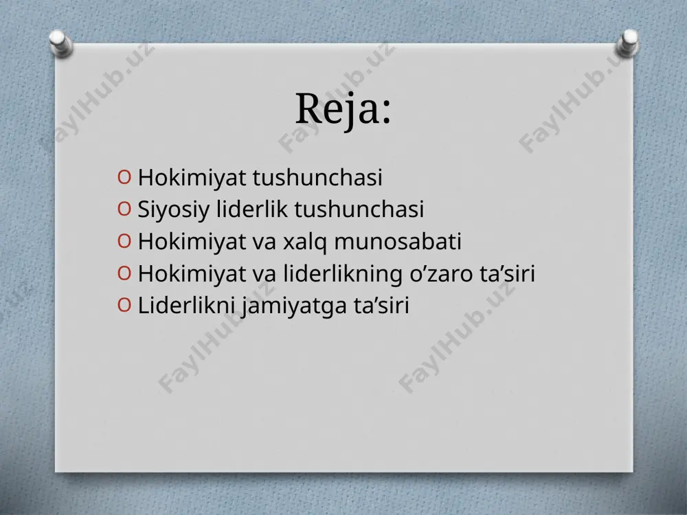 chiqliligi. xalqni qo’llab-quvvatlashi: xalqning ehtiyojlari va muammolarini inobatga olib samarali siyosat yuritishi kerak. huquqlar va erkinliklar: hokimiyat va xalq o’rtasidagi munosabatlar, fuqarolarning huquq va erkinliklarini himoyalashaga asoslangan. hokimiyat va texnologiyalar axborot texnologiyalari va media rol o‘ynaydi ijtimoiy tarmoqlar liderlikni mustahkamlashda vosita sifatida innovatsiyalarni qo‘llash hokimiyatni kuchaytiradi hokimiyat va liderlikining o’zaro ta’siri hokimiyat va liderlikning siyosiy tizimlarga ta’siri: siyosiy liderlar hokimiyatni boshqarish va amalga oshirishda muhim rol o‘ynaydi. ularning qarorlari va boshqaruv uslubi jamiyatdagi barcha sohalarga ta’sir ko‘rsatadi: iqtisodiyot, ta'lim, ijtimoiy adolat, va siyosiy erkinlik. agar liderlik kuchli va samarali bo‘lsa, hokimiyat ijtimoiy barqarorlikni saqlaydi, lekin zaif yoki autokratik bo‘lsa, bu ijtimoiy beqarorlik va isyonlarga olib kelishi mumkin. liderlik va davlatning rivojlanishiga ta’siri: iqtisodiy barqarorlik, huquqiy tizimning mustahkamligi, va inson huquqlari davlatning umumiy rivojlanishiga bevosita ta’sir qiladi. siyosiy liderlikning jamiyatga ta’siri ijobiy ta’sirlar: barqarorlik: demokratik yoki ishonchli boshqaruv tizimlari jamiyatda ijtimoiy barqarorlikni ta’minlashga yordam beradi. rivojlanish: iqtisodiy va ijtimoiy sohalarda muvaffaqiyatli …