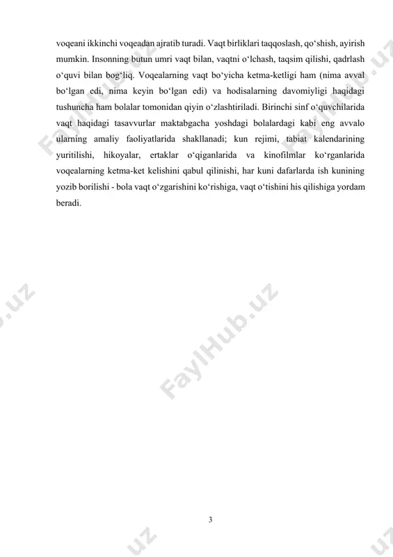 rlik xossalariga o‘xshash masalalariga ega. kundalik hayotda vaqt bir voqeani ikkinchi voqeadan ajratib turadi. vaqt birliklari taqqoslash, qo‘shish, ayirish mumkin. insonning butun umri vaqt bilan, vaqtni o‘lchash, taqsim qilishi, qadrlash o‘quvi bilan bog‘liq. vaqt uzluksiz o‘tadi, uni to‘xtatish ham, qaytarish ham mumkin emas. vaqt oraliqlari o‘lchanadi. birlik sifatida qabul qilingan vaqt oralig‘idan bir martagina foydalanish mumkin. shuning uchun vaqt birligi 59 muntazam ravishda takrorlanuvchi jarayon bo‘lishi kerak.[footnoteref:1] [1: axmеdov m., .abduraxmonova n., jumaеv m.e. birinchi sinf matеmatika darsligi. toshkеnt, “sharq”, 2010 yil, 160 bеt.] xalqaro sistemada bunday birlik qilib sekund olingan. sekund bilan bir qatorda vaqtning boshqa birliklari minut, soat, sutka, yil, hafta, oy, asr ishlatiladi. yil va sutka birliklari tabiatdan olingan, soat, minut, sekund birliklari kishilar o‘ylab topgan. yil yerning quyosh atrofida aylanish vaqti, sutka yerning o‘z o‘qi atrofida aylanish vaqti. yil taxminan 365 sutkaga teng. lekin kishilarning bir yilgi hayoti sutkalarning butun sonlaridan tuzilgan. shuning uchun har yilga …
