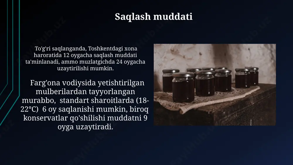 shtatlaridagi o'xshash retseptlarga ko'ra, 150 gramm tut murabbosiga 400-450 kilokaloriya kiradi, ammo bu tarkibdagi shakar miqdoriga bog'liq holda o'zgarib turadi. tog'li qoraqalpog'iston viloyatida yetishtirilgan tutlardan tayyorlangan murabbo 100 grammida taxminan 280-300 kilokaloriya borligi aniqlangan. bu miqdor tayyorlash usuliga va qo'shilgan shakar miqdoriga bog'liq. bizning tut sharbatimiz bizning tut sharbatimiz samarqand viloyatining quyoshli etaklarida yetishtirilgan 100% tabiiy tutlardan tayyorlanadi va har bir bankada 250 grammdan to'yimli meva mavjud. uzbekistanning eng yaxshi qishloq xo'jaligi fermerlaridan olingan 5 turdagi tutlardan tayyorlangan bizning sharbatimiz, noyob ta'mga va 5% yuqori konsentratsiyaga ega. e'tiboringiz uchun rahmat @taqdimot_robot image1.jpg image2.jpg image3.jpg image4.jpg image5.jpg image6.jpg image7.jpg image8.jpg image9.jpg image10.jpg image11.jpg image12.jpg image13.jpg image14.jpg image15.jpg image16.jpg image17.jpg