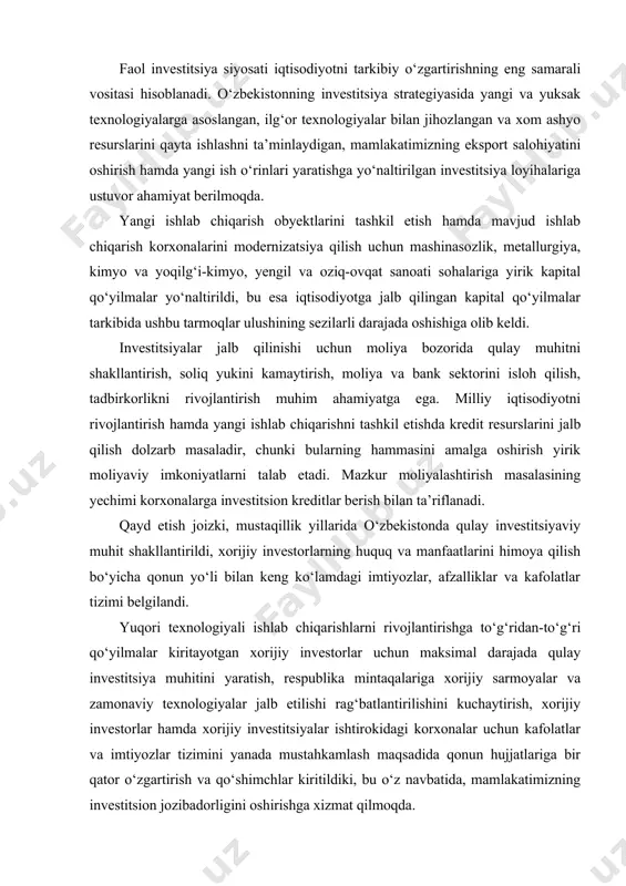 investorlar uchun maksimal darajada qulay investitsiya muhitini yaratish, respublika mintaqalariga xorijiy sarmoyalar va zamonaviy texnologiyalar jalb etilishi rag‘batlantirilishini kuchaytirish, xorijiy investorlar hamda xorijiy investitsiyalar ishtirokidagi korxonalar uchun kafolatlar va imtiyozlar tizimini yanada mustahkamlash maqsadida qonun hujjatlariga bir qator o‘zgartirish va qo‘shimchlar kiritildiki, bu o‘z navbatida, mamlakatimizning investitsion jozibadorligini oshirishga xizmat qilmoqda. iqtisodiy taraqqiyotga erishishda ijtimoiy sohaning o‘rni va roli iqtisodiyoti rivojlangan yevropa va osiyo mamlakatlari tajribasi aholining yuksak turmush darajasiga erishishi nafaqat moddiy ishlab chiqarishning rivojlanishi orqali, shu bilan birga, ijtimoiy soha, ya’ni xizmat ko‘rsatish sohalarining ham keng miqyosda o‘sishga bog‘liqligini ko‘rsatib turibdi. xizmatlar bozori subyektlari - tibbiyot, maorif, madaniyat, kommunal xo‘jaligi, sug‘urta, bank, maishiy, chakana savdo, aloqa va boshqa muassasalarning rivojlanishi mamlakatimizda bozor iqtisodiyotiga ijtimoiy yo‘nalish berilganligidan dalolat beradi. chunki, bu sohalar faoliyati aholining kundalik turmushi bilan chambarchas bog‘liq bo‘lib, ularning jamiyatdagi burchlarini bajarishlarida hamda ish o‘rinlarida yuqori mehnat unumdorligiga erishishlarida asosiy omildir. adabiyotlar: 1. mc connell, brue. economics. …