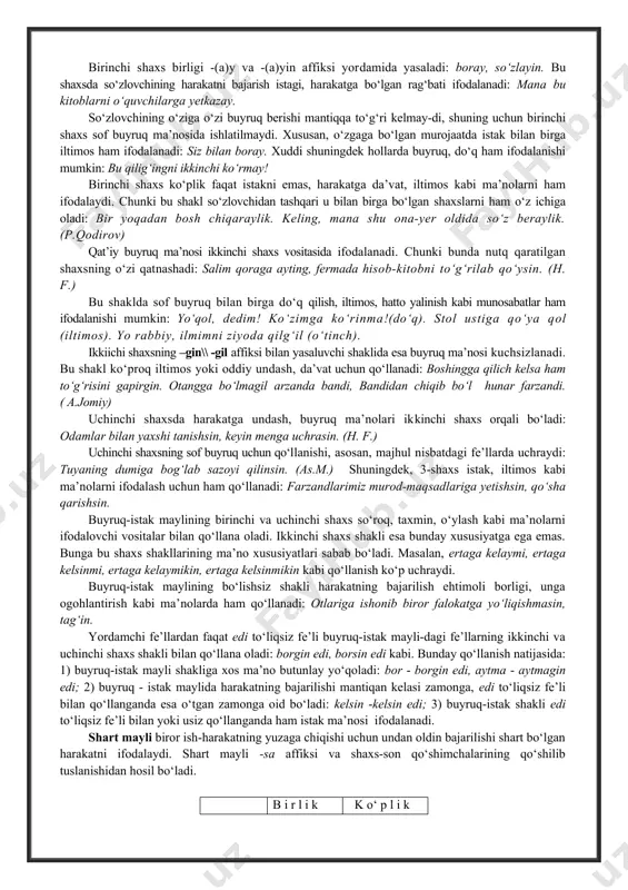 adi: bormay qo‘yma.. bunday birikuvda yetakchi yoki ko‘makchi fe’l yoki ularning har ikkalasi birgalikda ifodalaydigan ma’no o‘zaro farqlanadi: a) -ma affiksi yetakchi fe’lga qo‘shilganda, ana shu fe’lga xos harakat inkor etiladi. biroq ko‘makchi felda bo‘lishlilik ma’nosi saqlanadi: yurmay qoldi, kelmay qo‘ydi kabi; b) bo‘lishsizlik shakli ko‘makchi fe’lga qo‘shilsa, bu fe’l bildirgan ma’nodagi harakatning inkori ifodalanadi: kelib qolmadi, aytib qo‘ymadi; d) bo‘lishsilik shakli yetakchi va ko‘makchi fe’lga qo‘shilganda esa qat’iy bo‘lishlilik ifodalanadi: aytmay qo‘ymadi, kelmay qo‘ymadi. -emas to‘liqsiz fe’li faqatgina –gan qo‘shimchali sifatdosh va -moqchi affiksli maqsad maylidagi fe’llarning bo‘lishsiz shaklini yasash uchun qo‘llanadi: ketgan emas, ketmoqchi emas kabi. shuningdek, emas yordamida qiyoslanayotgan ikki harakat-hodisadan sifatdosh, ravishdosh yoki harakat nomi hamda narsa, belgi, miqdor kabilarning inkorini ifodalashda ham foydalaniladi: o‘qib emas, yozib kelish kerak; qarashi emas, kulishi chiroyli; behi emas, olma; katta emas, kichik; o‘nta emas, to‘qqizta. yo‘q so‘zi faqatgina –gan// -yotgan qo‘shimchali sifatdoshning bo‘lishsiz shaklini yasash uchungina qo‘llaniladi: 'yozgani yo‘q., …
