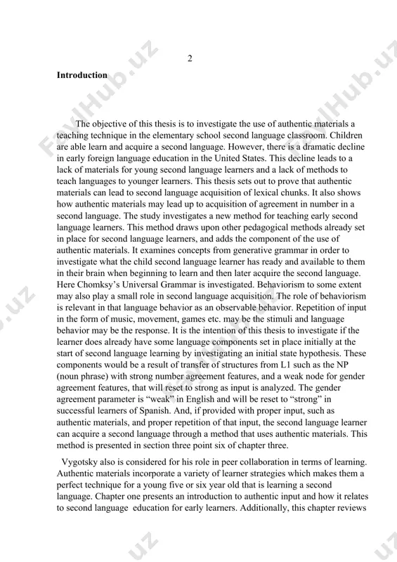 tionally, this chapter reviews the politics concerning the need for citizens proficient in more than one language in the united states. the u.s. government is currently in a situation where there is a strong need for proficient second language speakers. in order to address this 3 issue, authentic input is introduced as a viable method for the implementation of early foreign language classes in the united states schools. foreign language education that starts early will in turn lead to attainment higher proficiency levels of a foreign language for the nation’s citizens. in this first chapter i address the issue of the need for more early foreign language education programs in the united states. my argument in this chapter is that these programs need to start in our nation’s elementary schools at the earliest grade level possible in order for the united states citizens to attain superior proficiency in a second …