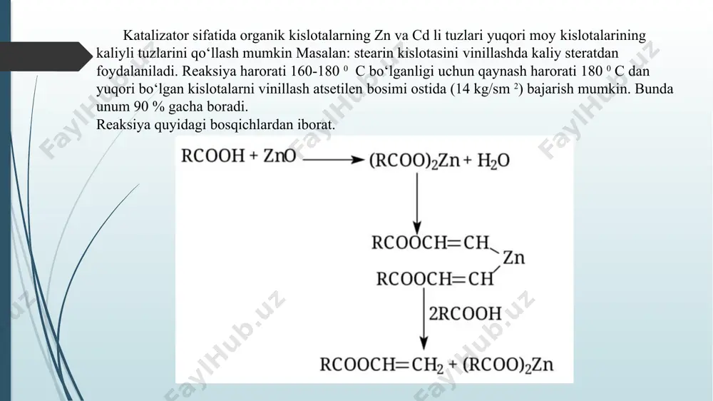 ti 1:1 bo‘lgan holda vinilatsetatnin eng yuqori unumi 31% bo‘lishiga erishildi harorat vinilatsetat unumi % 140 16 160 23 180 29 200 31 220 30 240 29 jarayon xuddi shu sharoitda γ-al2о3/zn(cн3coo)2 katalizatori ishtirokida ham amalga oshirildi (2-jadval) atsetilenning sirka kislotasi bilan 1:1 mol nisbatida vinilatsetat unumiga haroratning ta’sir (γ-al2о3 / zn(cн3coo)2 katalizatori) olingan natijalar tahlili shuni ko‘rsatdiki, ushbu katalizator ishtirokida ham yuqoridagi holat kuzatildi,ya’ni ma’lum oraliqda (140-220 0 vinilatsetat unumi 19% dan 59% gacha ortib boradi. eng yuqori unumi (59%) 220 0с ga to‘g‘ri keladi. demak bir xil sharoitda faollangan ko‘mir/ zn(cн3coo)2 ga nisbatan / γ-al2о3 / zn (cн3coo)2 katalizatorning vinilatsetat hosil bo‘lishidagi faolligi 1,3 marta yuqori ekan. harorat vinilatsetat unumi % 140 19 160 25 180 30 200 42 220 59 240 33 260 24 vinilatsetat unumiga sirka kislota:atsetilen mol nisbati ta’siri (katalizator γ-al2о3 / zn (cн3coo)2 ) olingan natijalaridan kurinadiki sirka kislotasi vinillash jarayonida boshlangich moddalar mol …