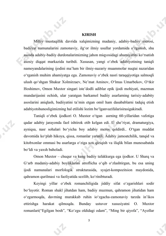 `riy, nasriy asarlari haqida matbuotda taqriz, maqolalar e`lon etishgan. buxorolik tadqiqotchi o`ktam nazarov “omon muxtor romanlarida xronotop muammosi” mavzusida nomzodlik ishini yozib tugalladi. ayni paytda u ushbu ishni doktorlik dissertatsiyasi darajasiga yetkazish bo`yicha ish olib borayotir. shoira pardayevaning milliy romanchilik taraqqiyoti muammolariga bag`ishlangan ishida o. muxtor romanlari atroflicha o`rganilgan. i. bob. romanda tarixiy voqelik in’ikosi 1.1. roman-rivoyatda ustuvor badiiy g`oya ifodasi taniqli adib omon muxtorning “tepalikdagi xaroba”, “aflotun”, “ishq ahli”, “buyuk farrosh” kabi romanlarda voqelik ikki qatlam (o`tmish va zamonaviy hayot) uyg`unligida badiiy ifoda topgan. bu, albatta, yozuvchi o`z oldiga qo`ygan muayyan maqsad, ideal, konsepsiya mohiyatidan kelib chiqqan, albatta. adib yaratgan yigirmaga yaqin romanni ko`rib chiqqanimizda, uning epik ijodida boshdan oxir bir tarixiy davr tasviriga bag`ishlangan ikkita roman borligini ko`ramiz. bular “ffu” va “xotin podshoh” asarlaridir. “ffu” milliy mustaqillikning ilk davrida – 1993-1995 –yillar orasida yaratilgan. omon muxtor adabiy suhbatlaridan birida g`arb adabiyotini , xususan, romanlarini juda ko`p o`qigan bo`lsa …